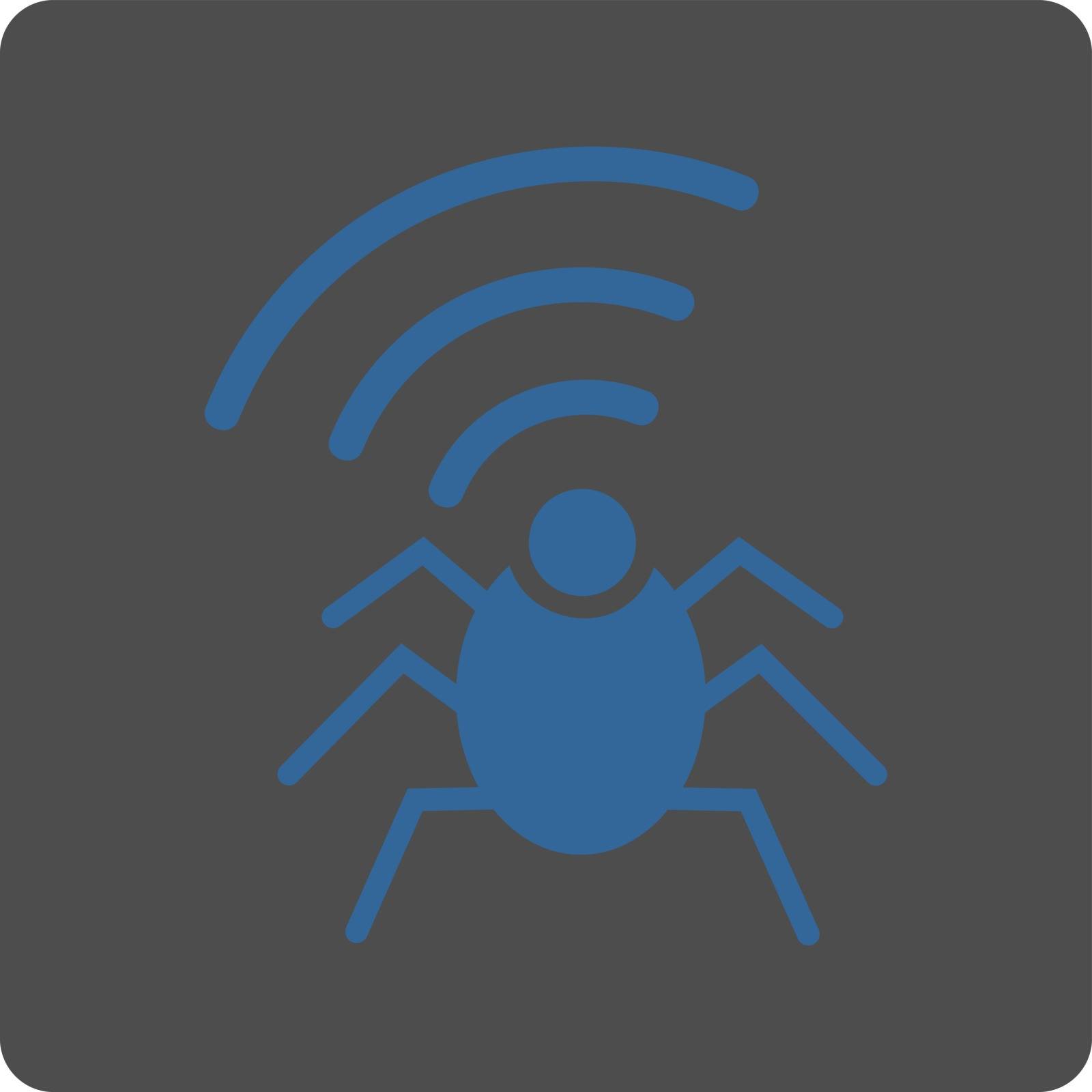 Radio spy bug icon. Vector style is cobalt and gray colors, flat rounded square button on a white background.