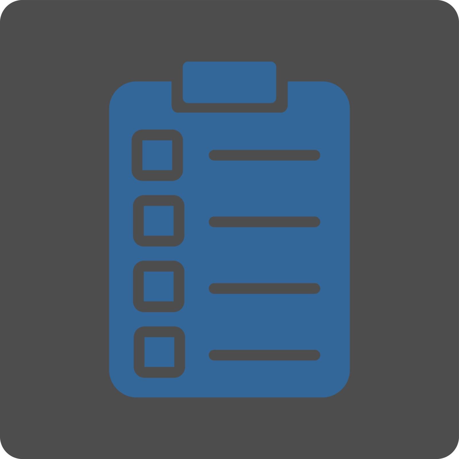 Test task icon. Vector style is cobalt and gray colors, flat rounded square button on a white background.