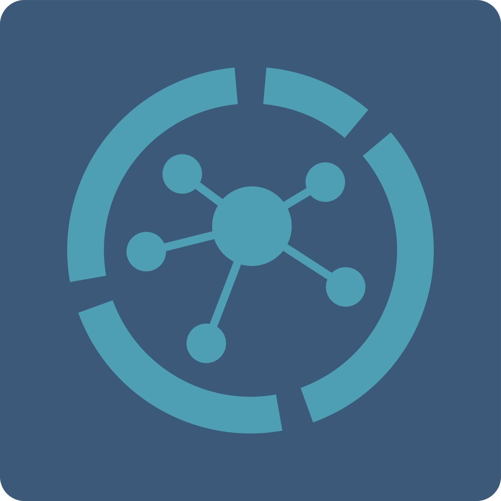 Connections diagram icon. Vector style is cyan and blue colors, flat rounded square button on a white background.