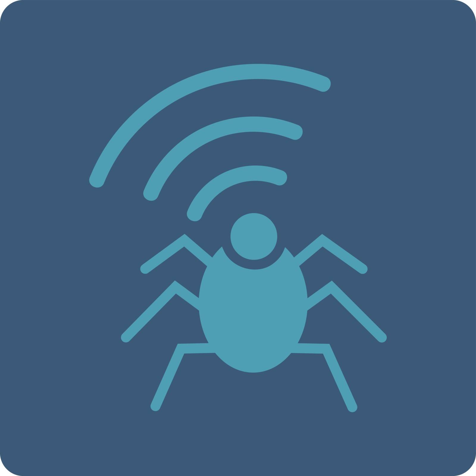Radio spy bug icon. Vector style is cyan and blue colors, flat rounded square button on a white background.