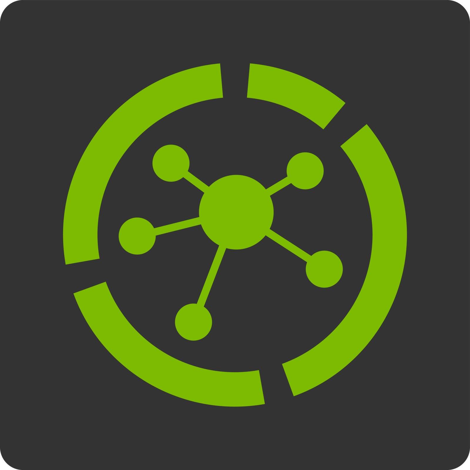 Connections diagram icon. Vector style is eco green and gray colors, flat rounded square button on a white background.