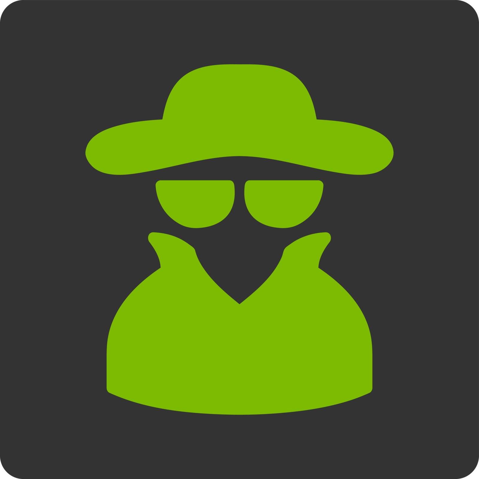 Spy icon. Vector style is eco green and gray colors, flat rounded square button on a white background.
