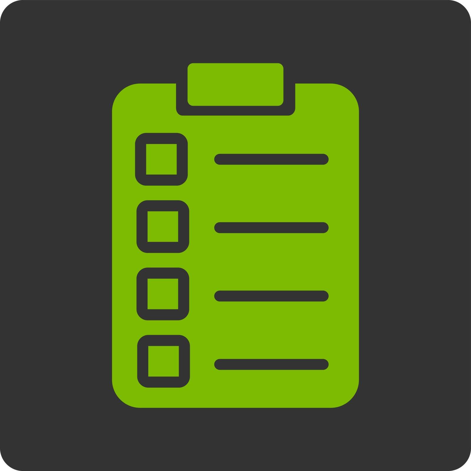 Test task icon. Vector style is eco green and gray colors, flat rounded square button on a white background.
