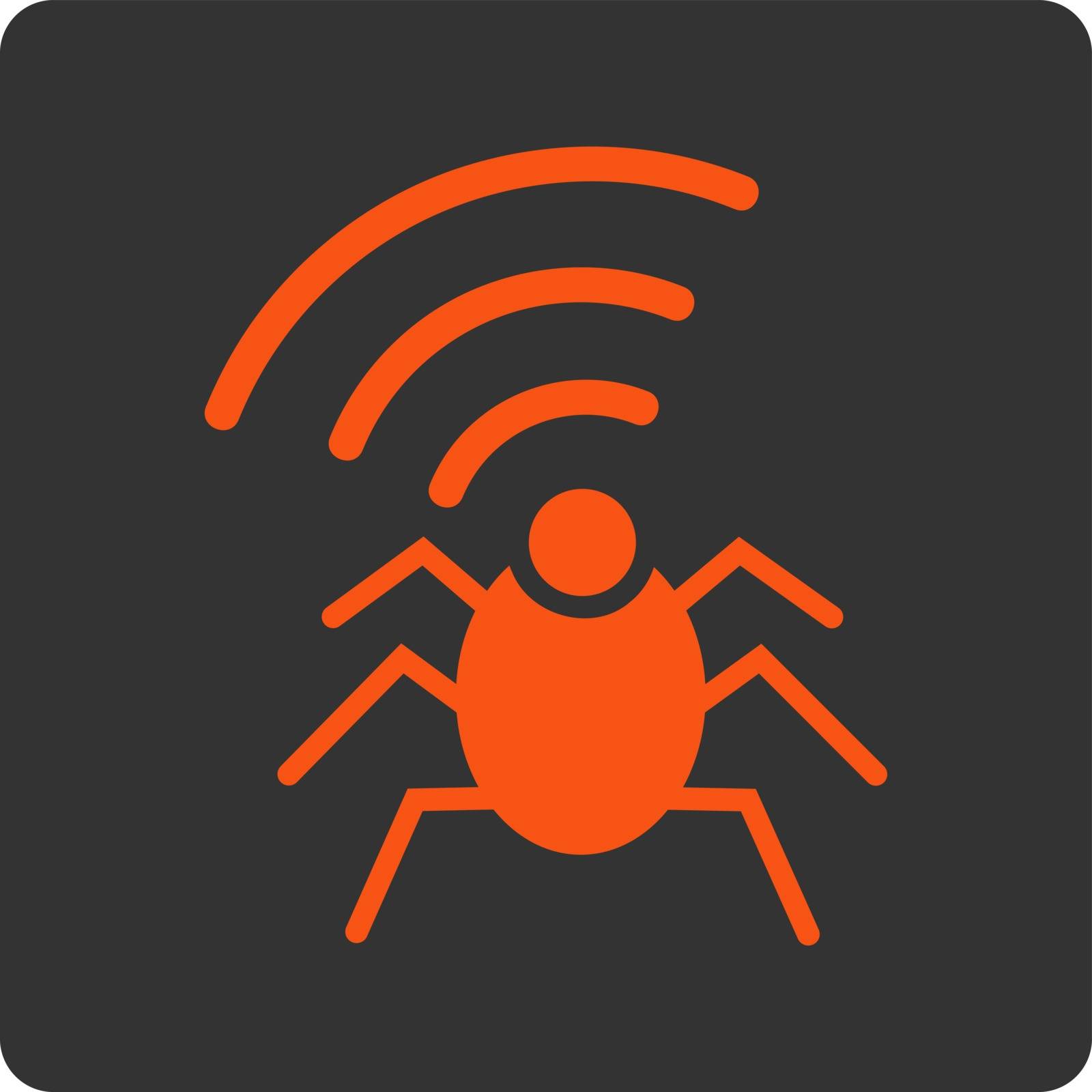 Radio spy bug icon. Vector style is orange and gray colors, flat rounded square button on a white background.