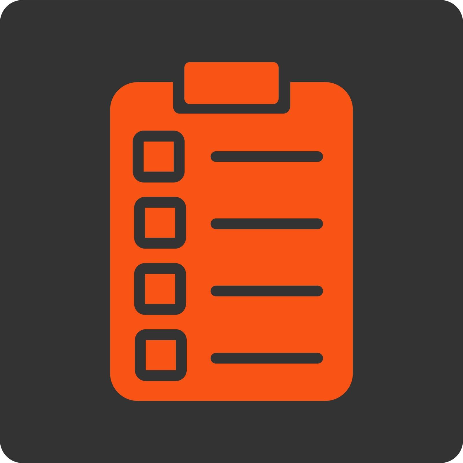 Test task icon. Vector style is orange and gray colors, flat rounded square button on a white background.