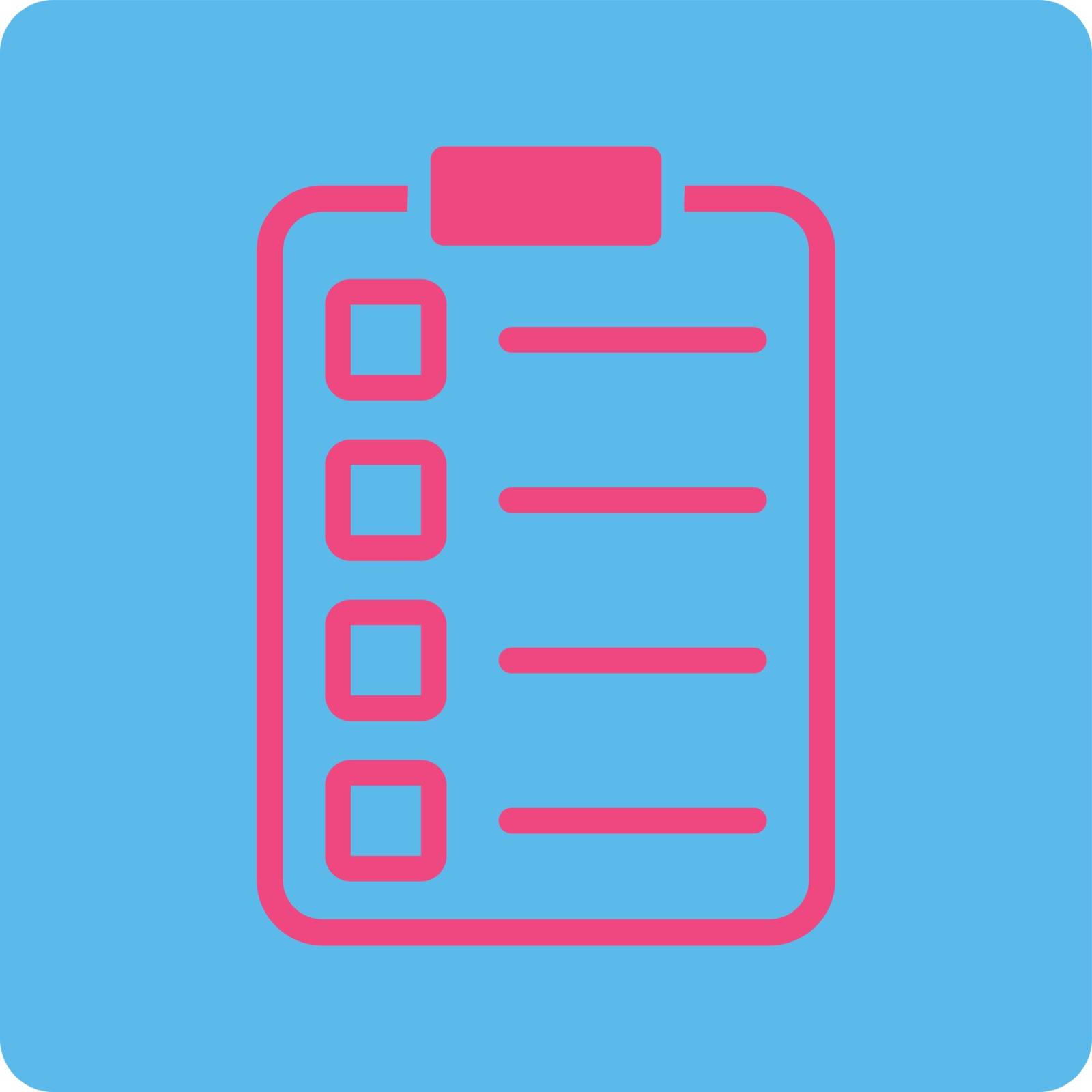 Examination icon. Vector style is pink and blue colors, flat rounded square button on a white background.