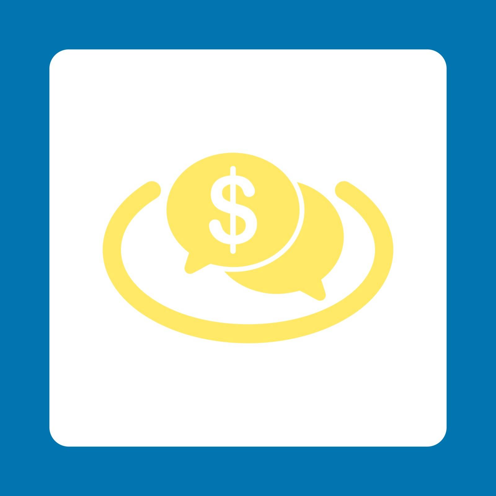 Financial Network icon. This flat rounded square button uses yellow and white colors and isolated on a blue background.