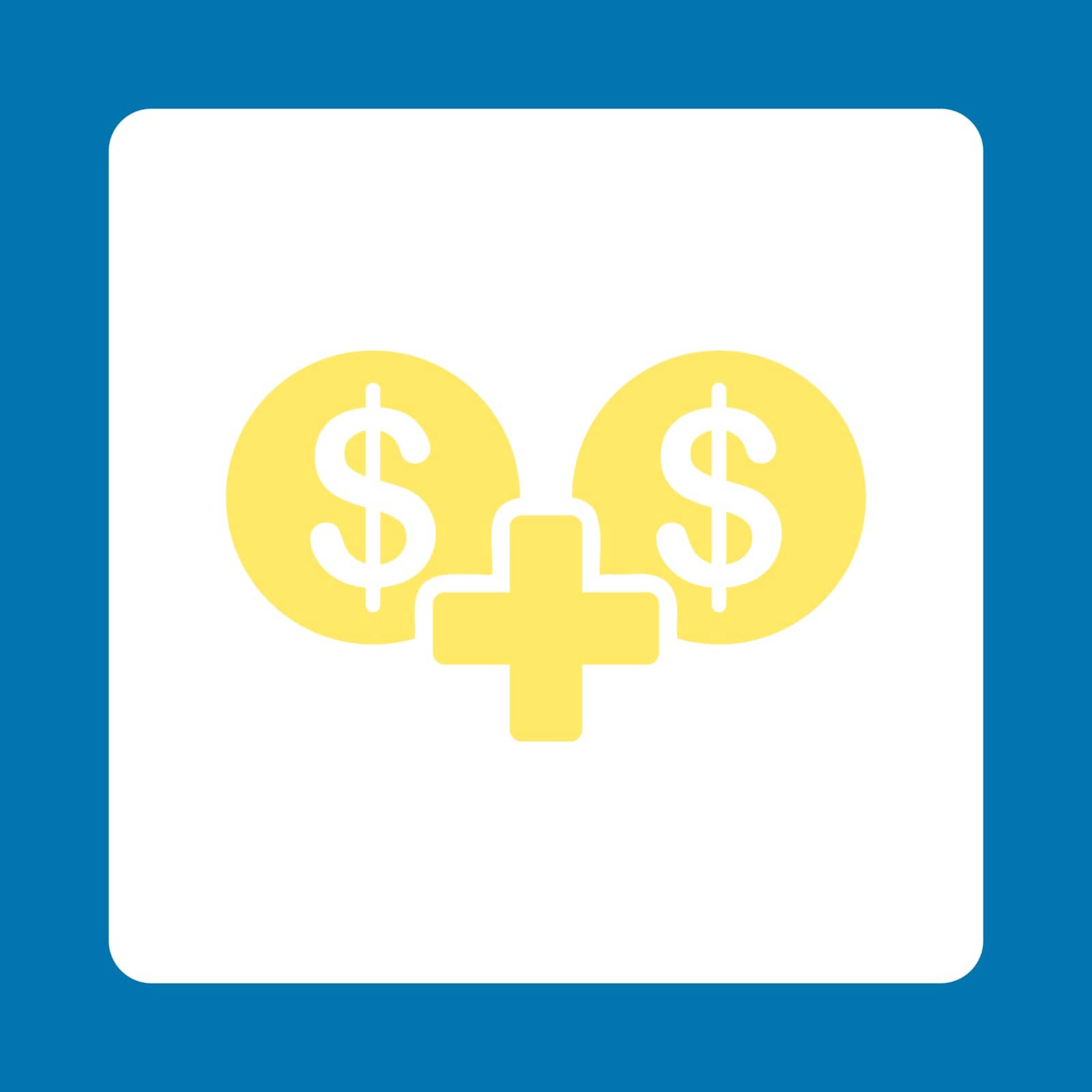 Sum icon. This flat rounded square button uses yellow and white colors and isolated on a blue background.