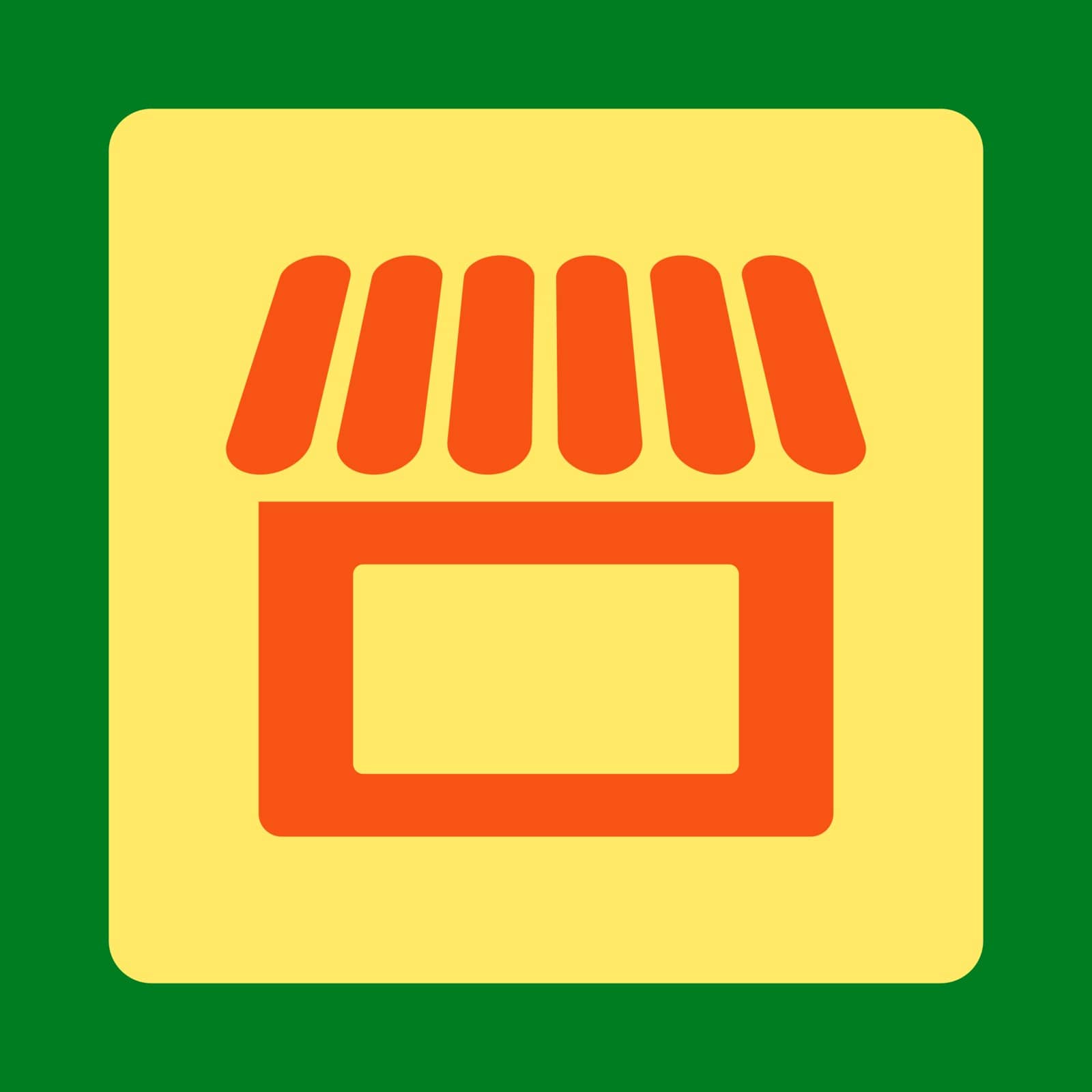 Shop icon. This flat rounded square button uses orange and yellow colors and isolated on a green background.