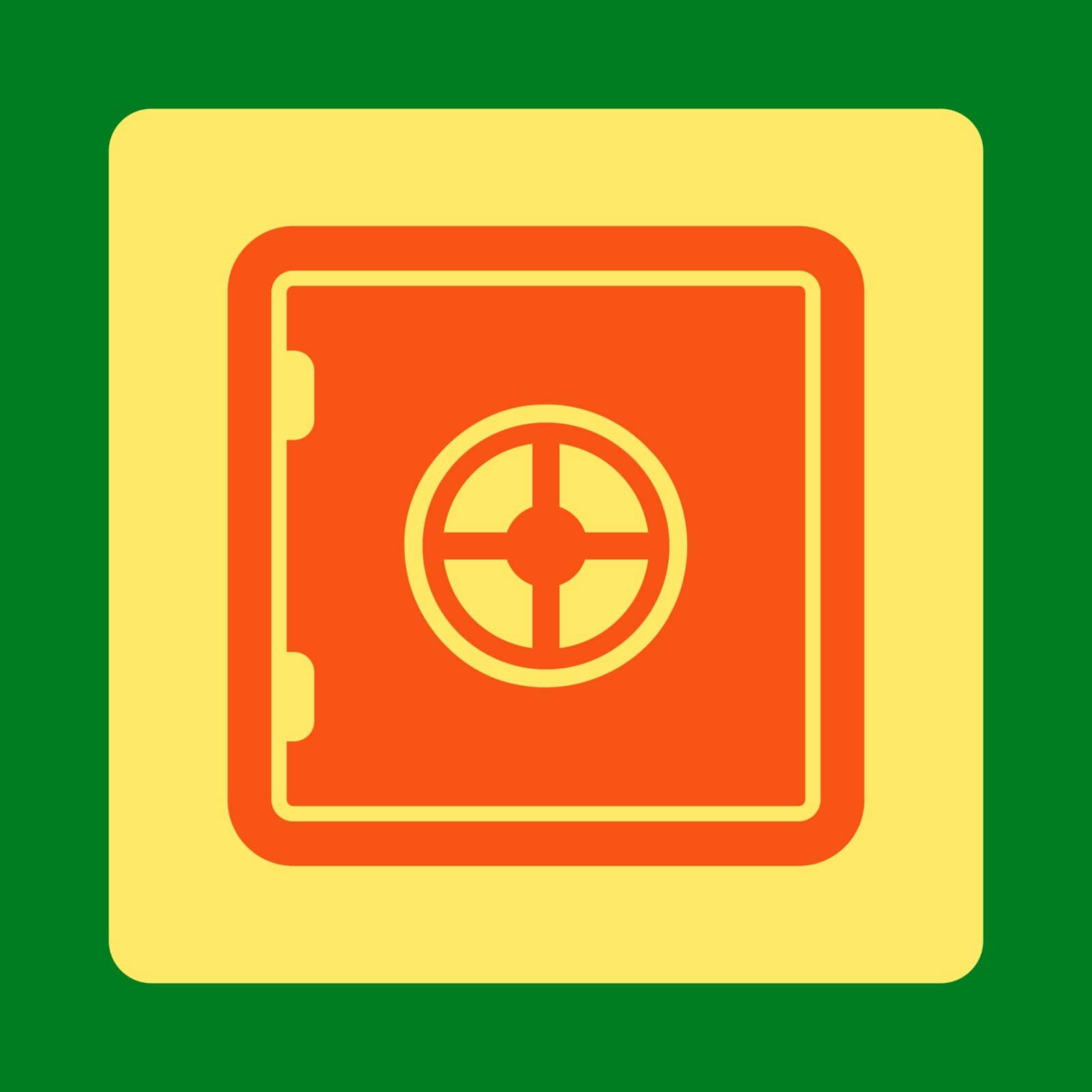 Safe icon. This flat rounded square button uses orange and yellow colors and isolated on a green background.