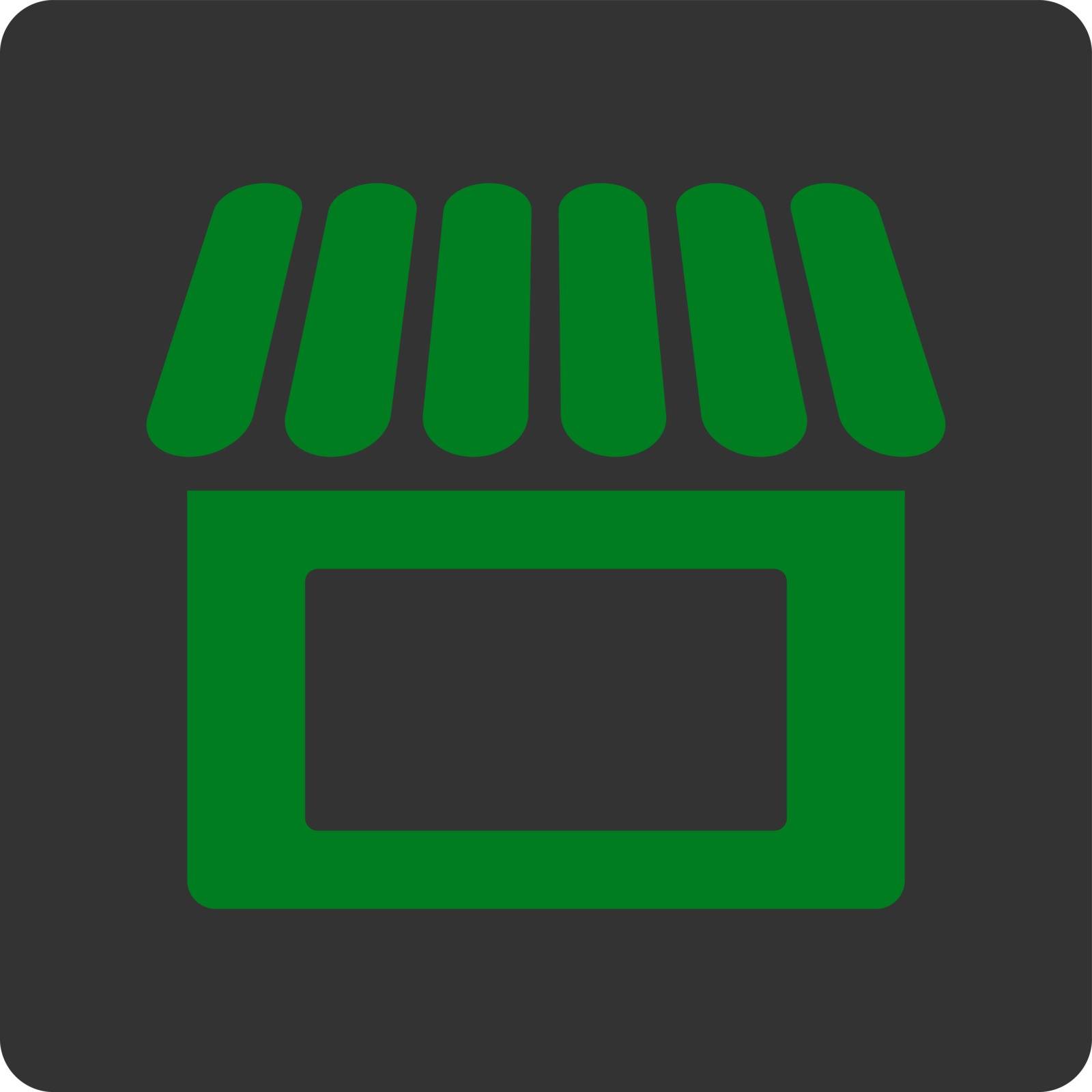 Shop icon. This flat rounded square button uses green and gray colors and isolated on a white background.