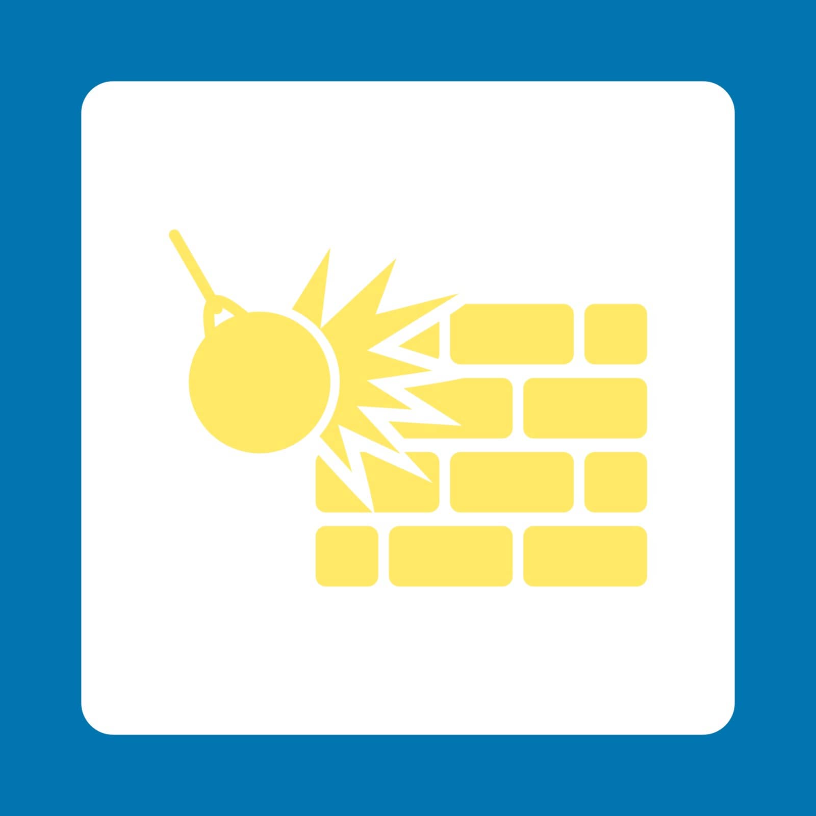 Destruction icon. Vector style is yellow and white colors, flat rounded square button on a blue background.