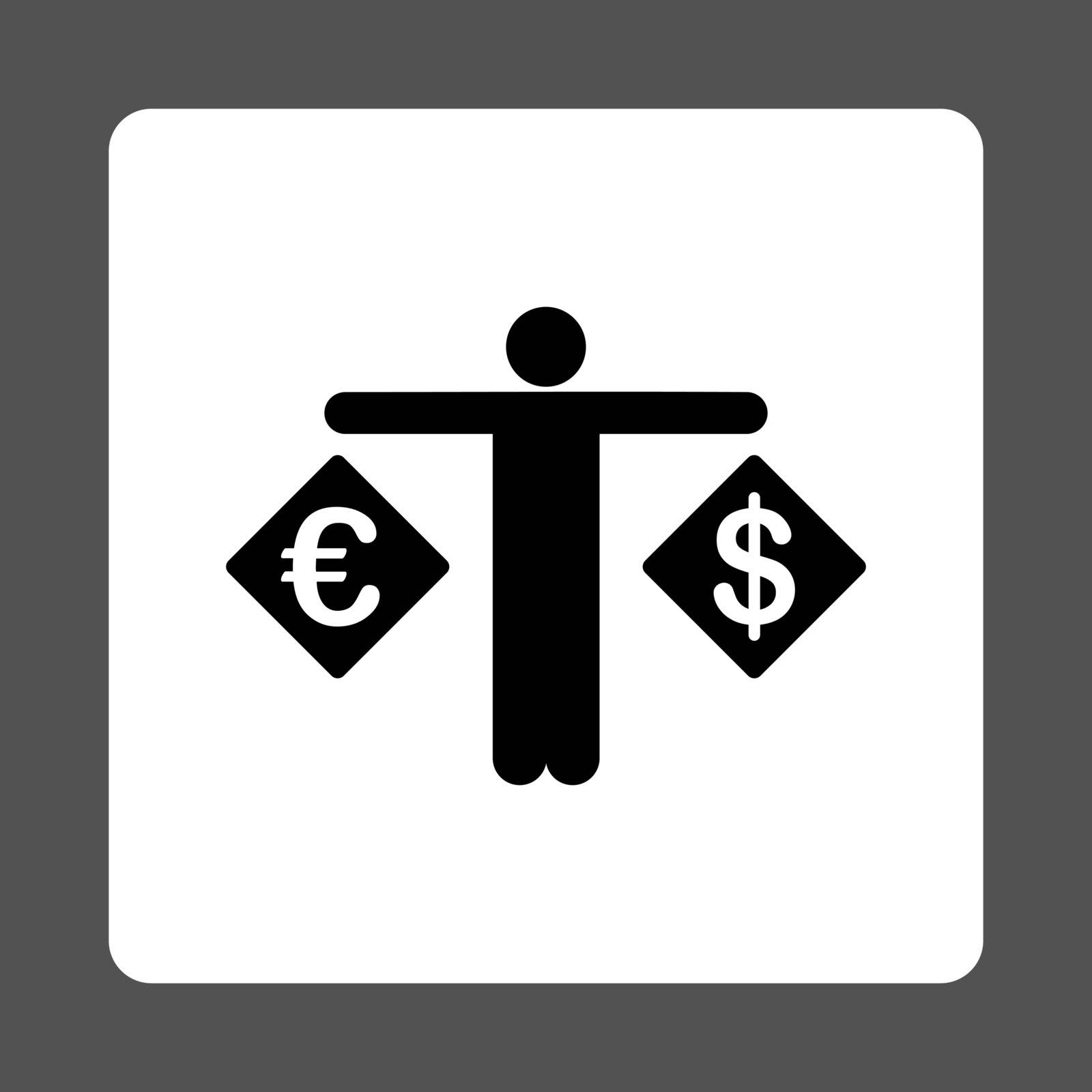 Currency compare icon. Vector style is black and white colors, flat rounded square button on a gray background.
