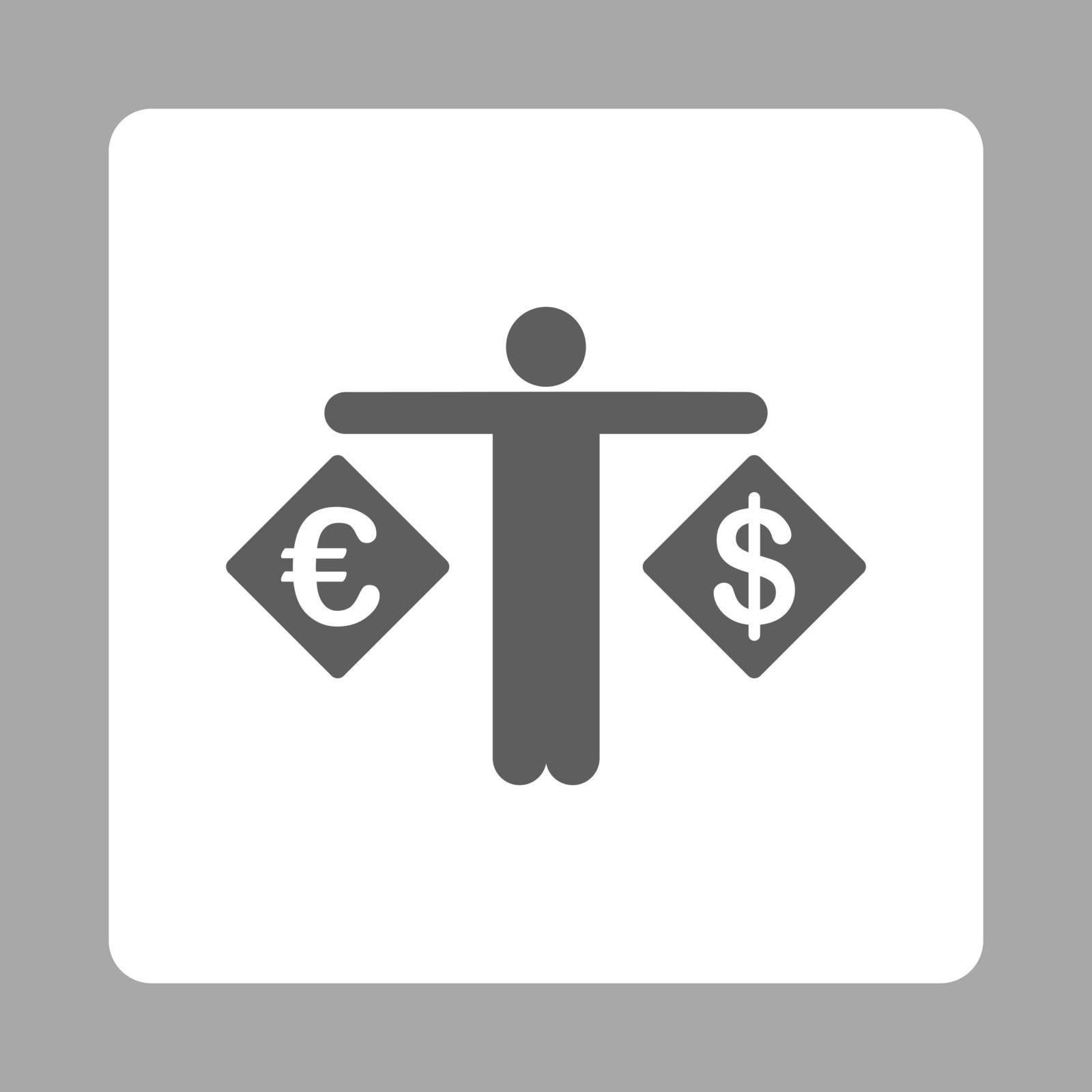 Currency compare icon. Vector style is dark gray and white colors, flat rounded square button on a silver background.