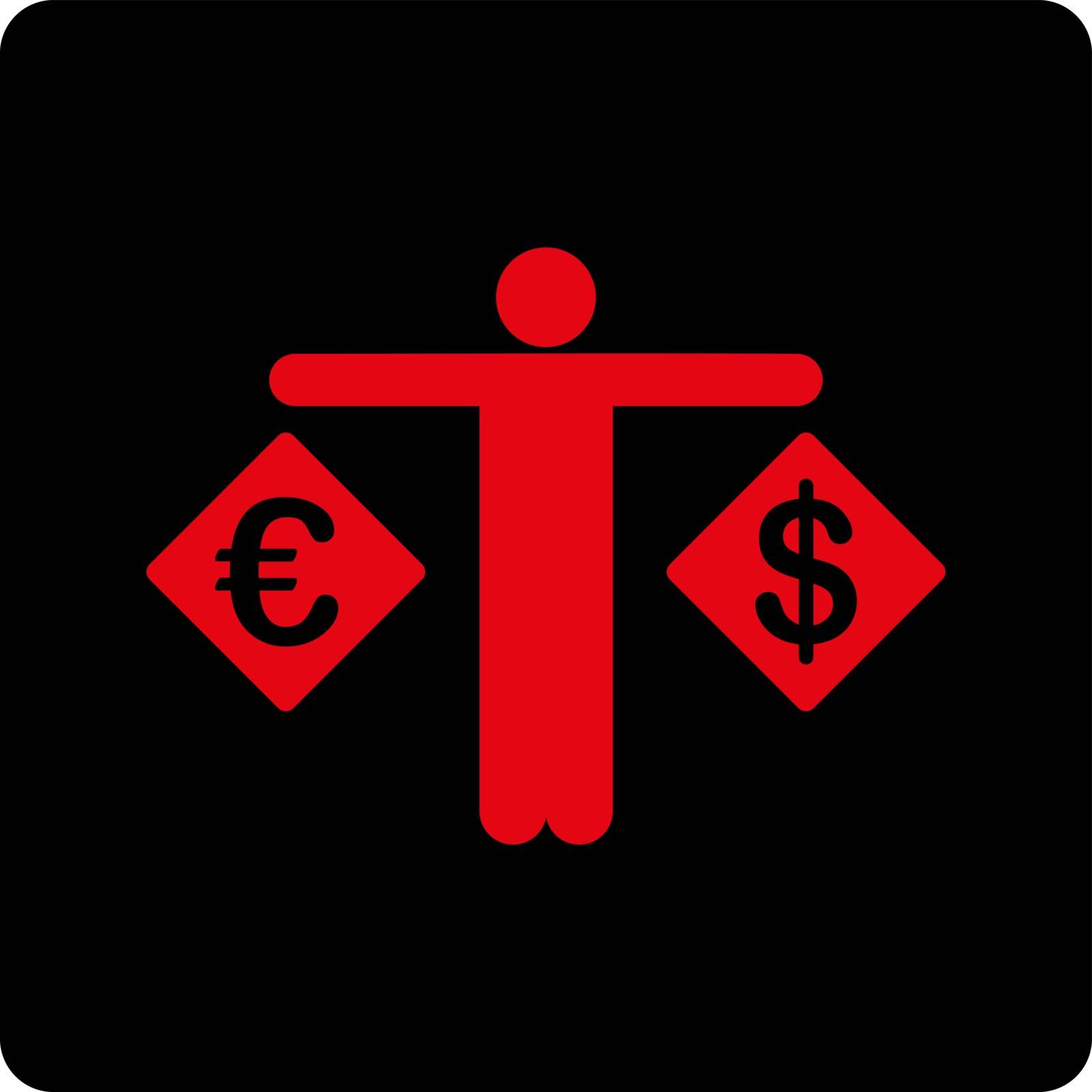 Currency compare icon. Vector style is intensive red and black colors, flat rounded square button on a white background.