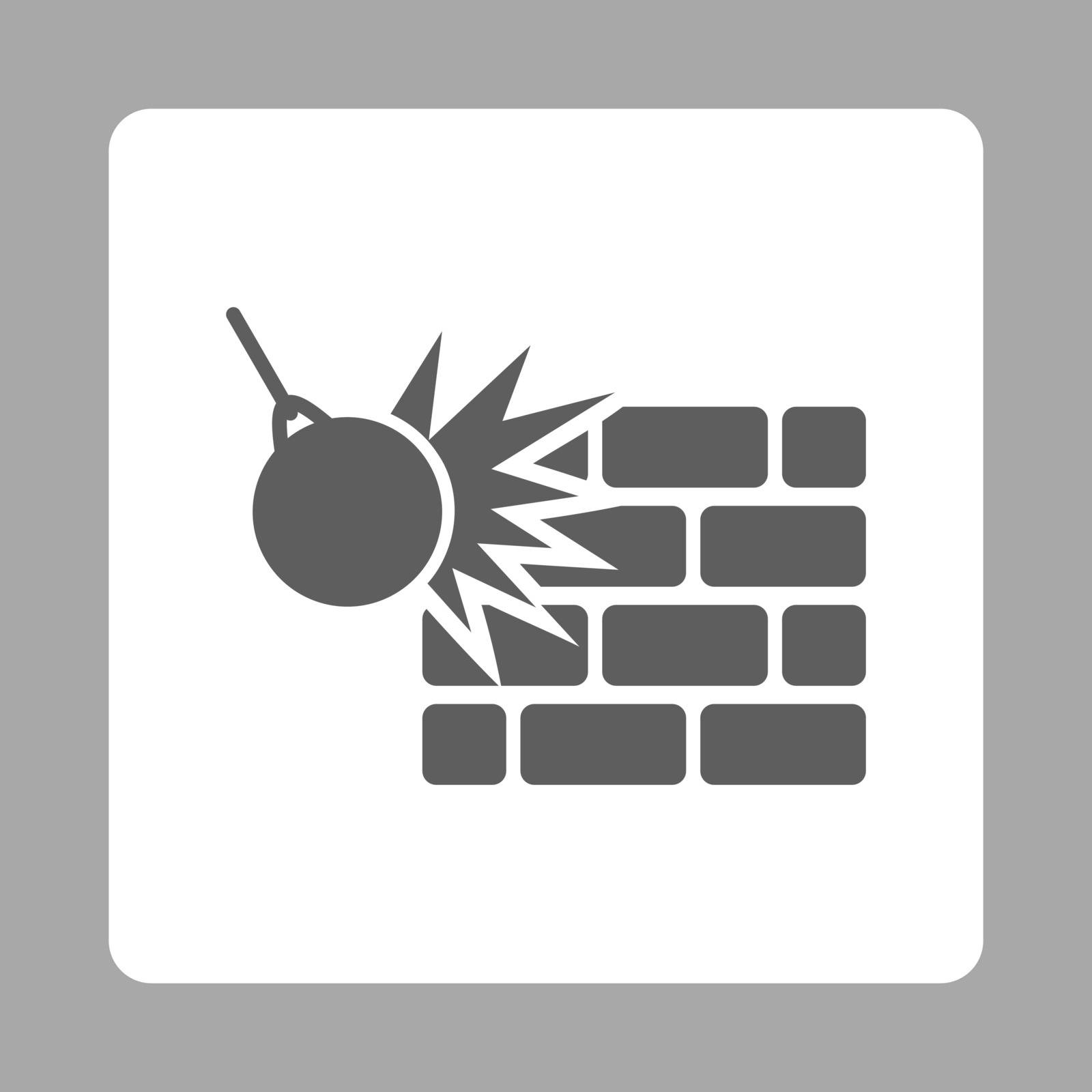 Destruction icon. Vector style is dark gray and white colors, flat rounded square button on a silver background.