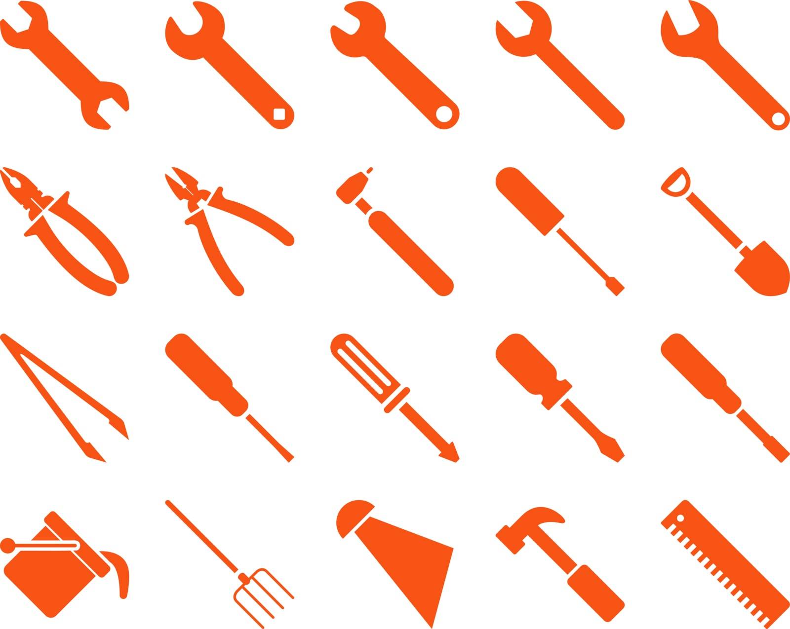 Equipment and Tools Icons. Vector set style is flat images, orange color, isolated on a white background.