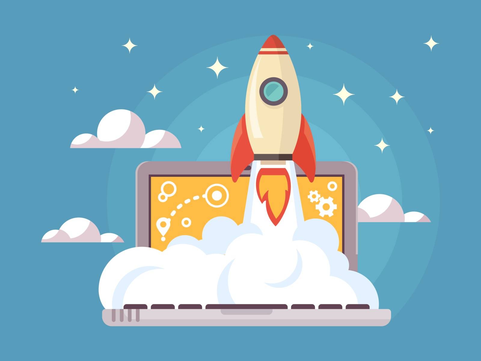 Web start up flat style. Rocket flight, promotion seo, laptop and launch, vector illustration