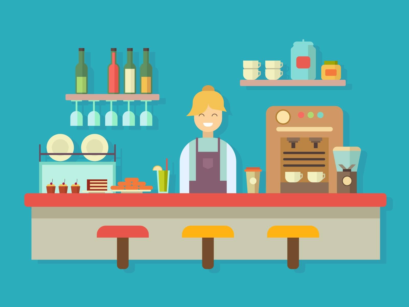 Bar counter. Cocktail alcohol, coffee machine and cake, dessert food, flat vector illustration