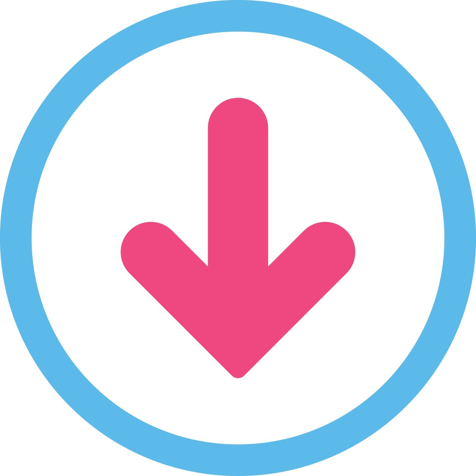 Arrow Down vector icon. This rounded flat symbol is drawn with pink and blue colors on a white background.