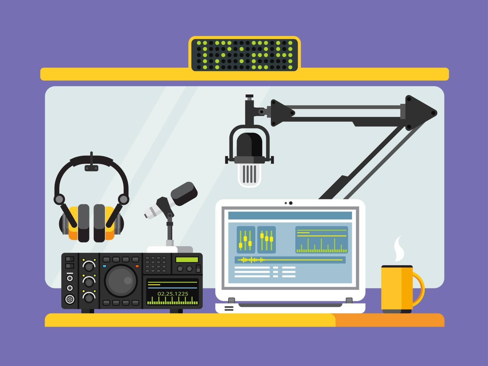 Professional radio station studio with microphone and other equipment on table flat vector illustration