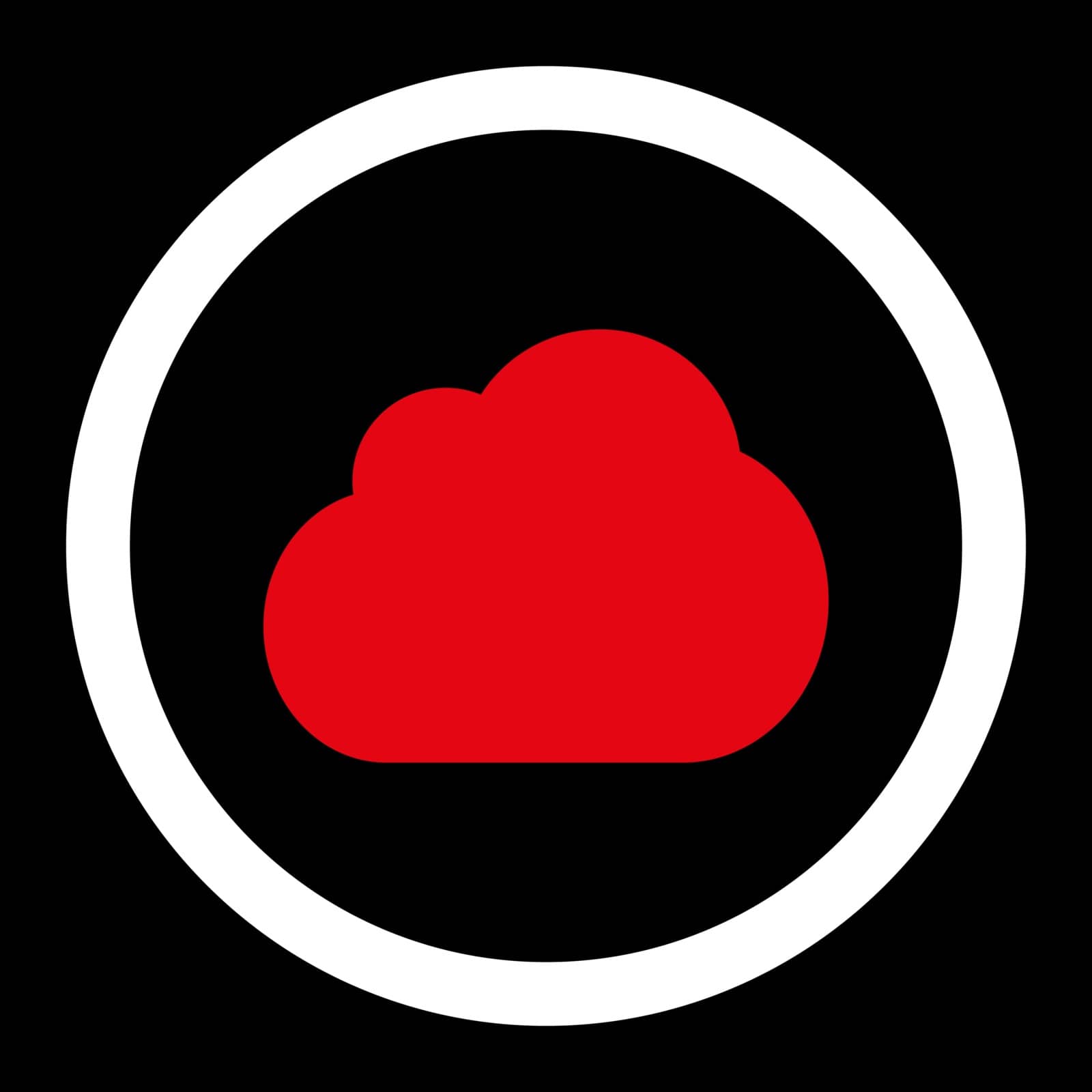 Cloud vector icon. This rounded flat symbol is drawn with red and white colors on a black background.