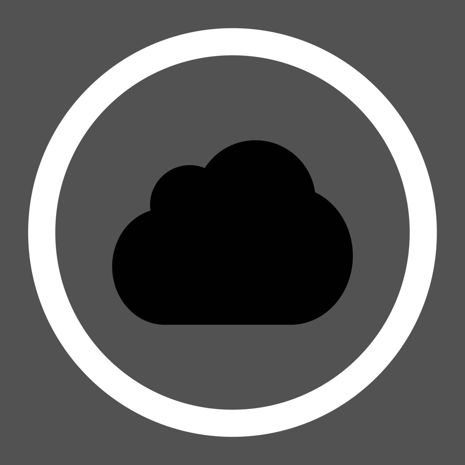 Cloud vector icon. This rounded flat symbol is drawn with black and white colors on a gray background.