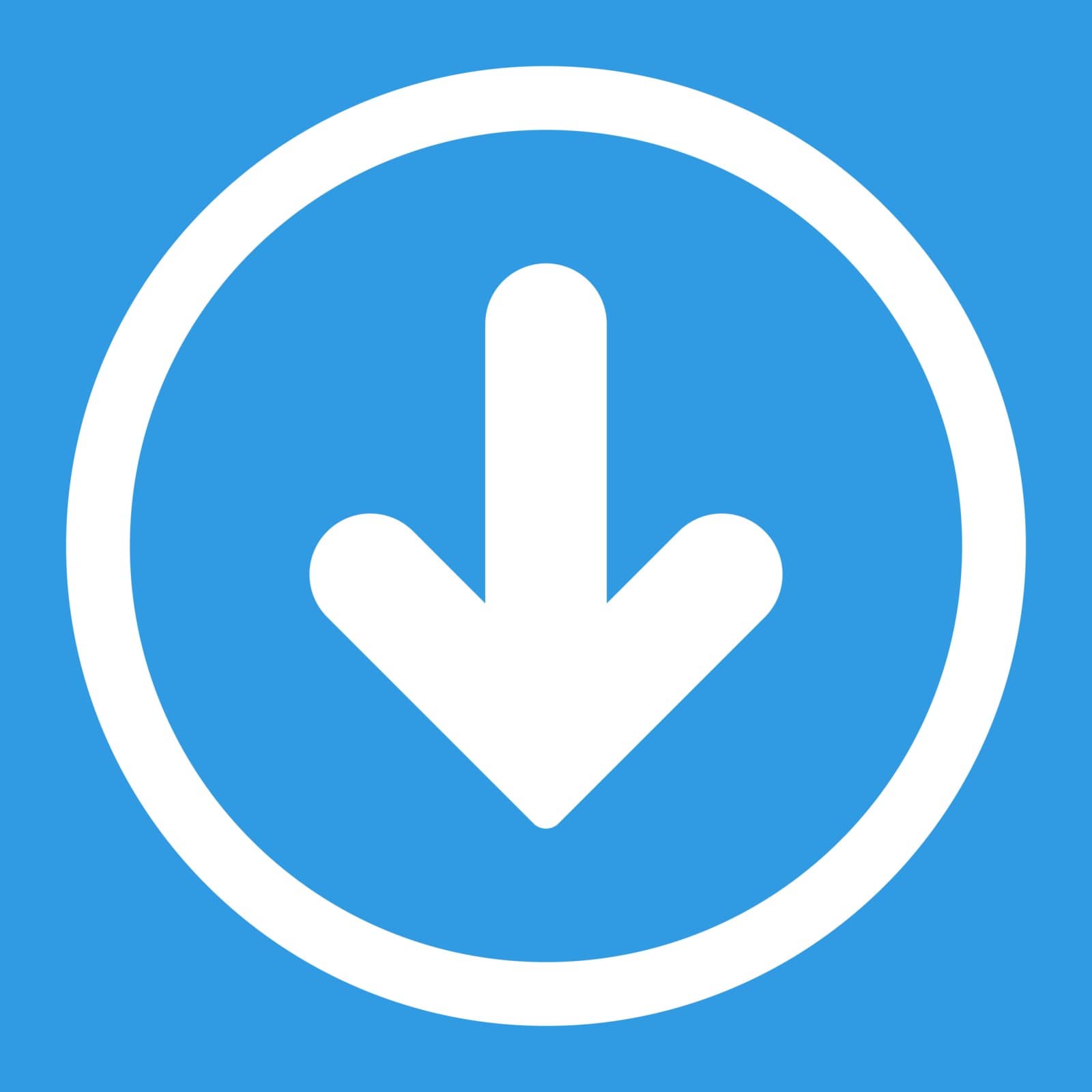 Arrow Down vector icon. This rounded flat symbol is drawn with white color on a blue background.