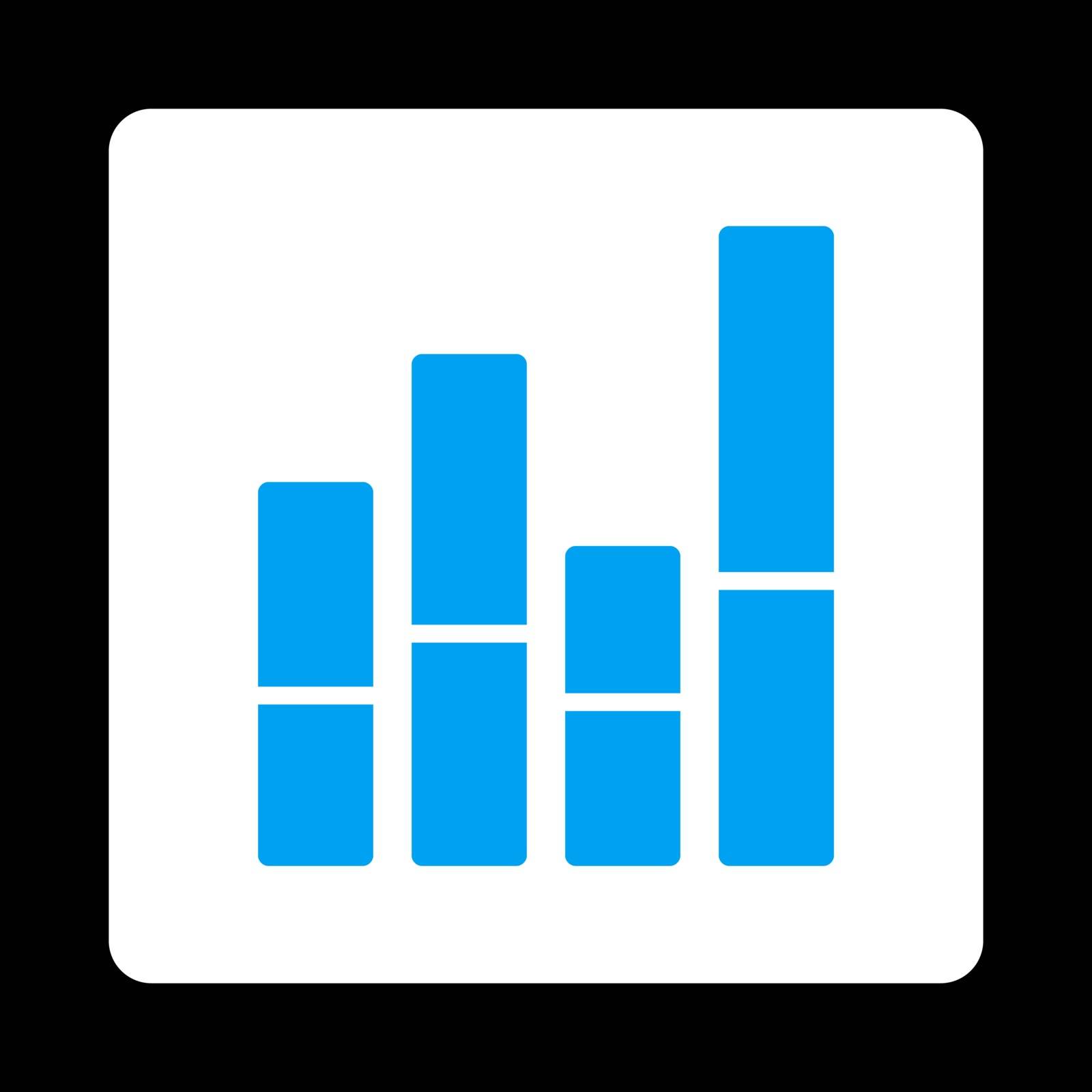Bar Chart vector icon. This flat rounded square button uses blue and white colors and isolated on a black background.