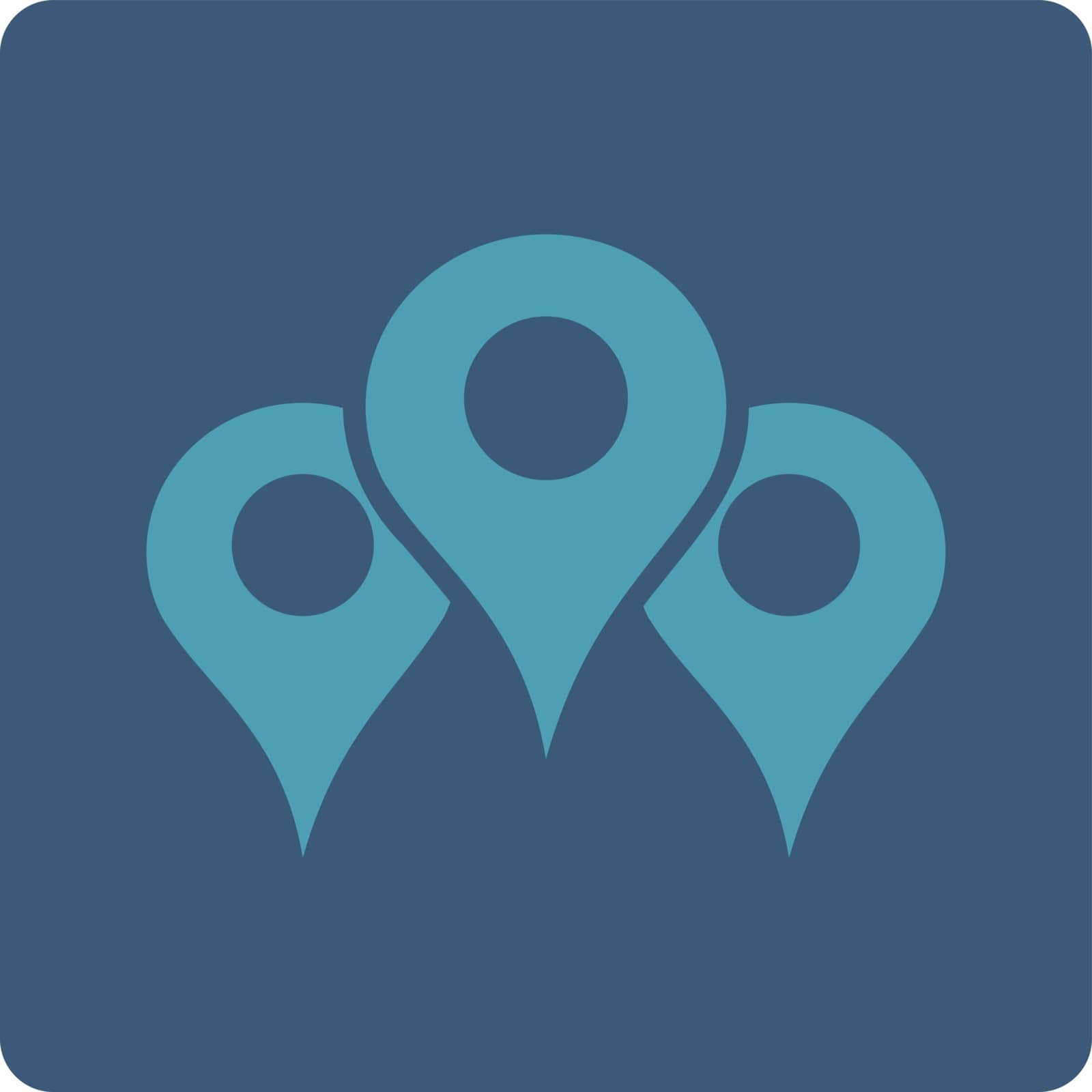 Locations vector icon. This flat rounded square button uses cyan and blue colors and isolated on a white background.