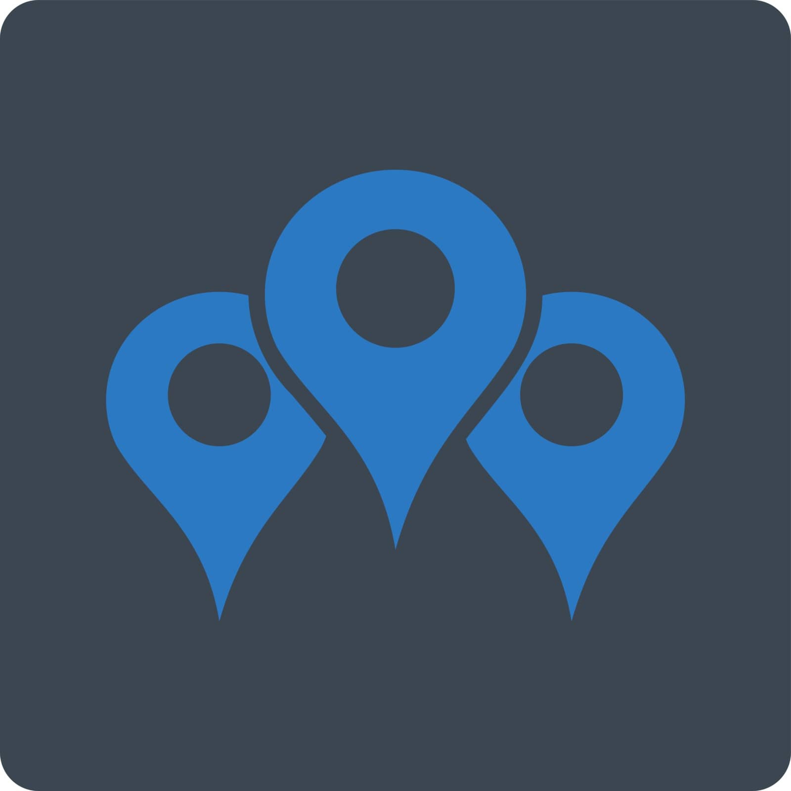 Locations vector icon. This flat rounded square button uses smooth blue colors and isolated on a white background.