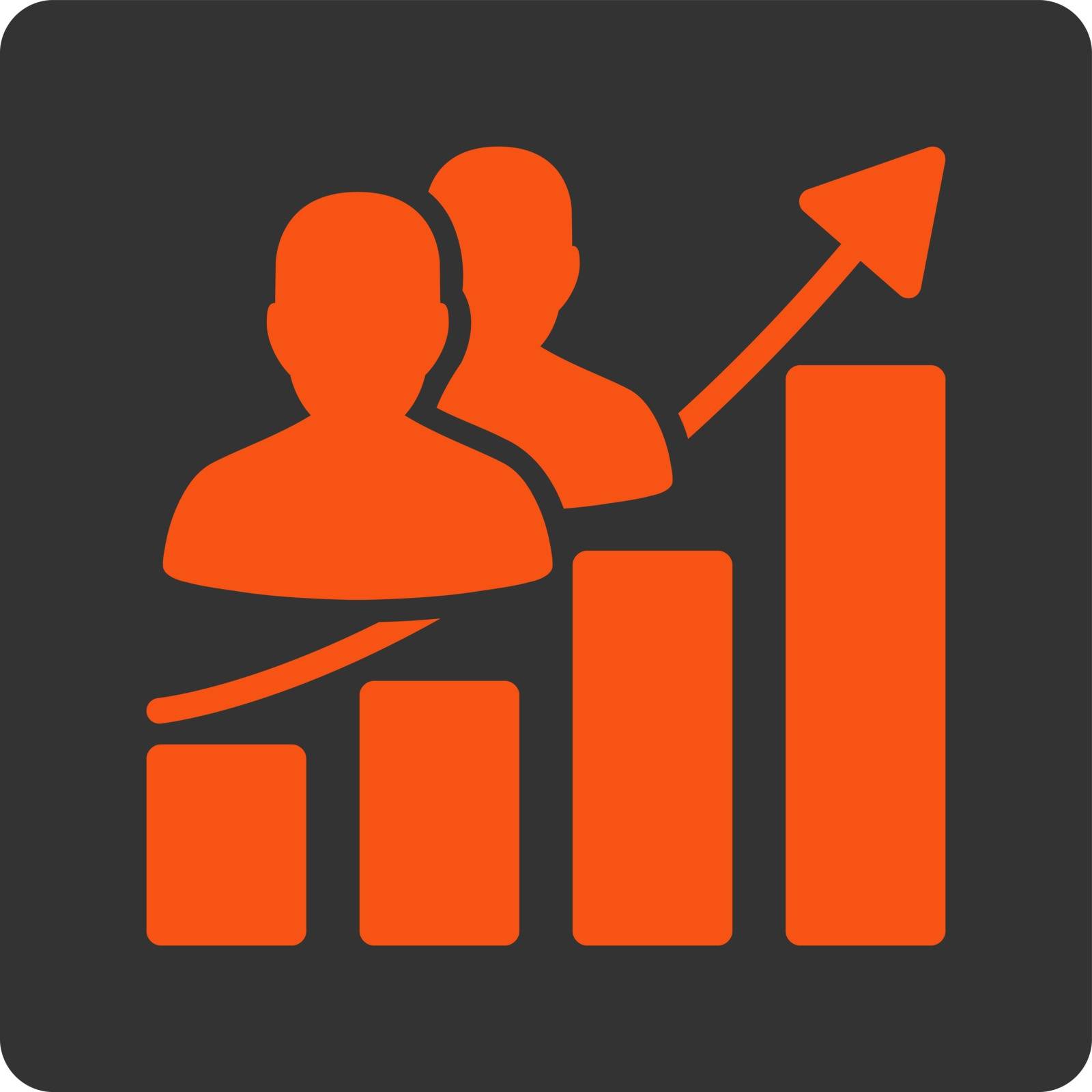 Audience Growth vector icon. This flat rounded square button uses orange and gray colors and isolated on a white background.
