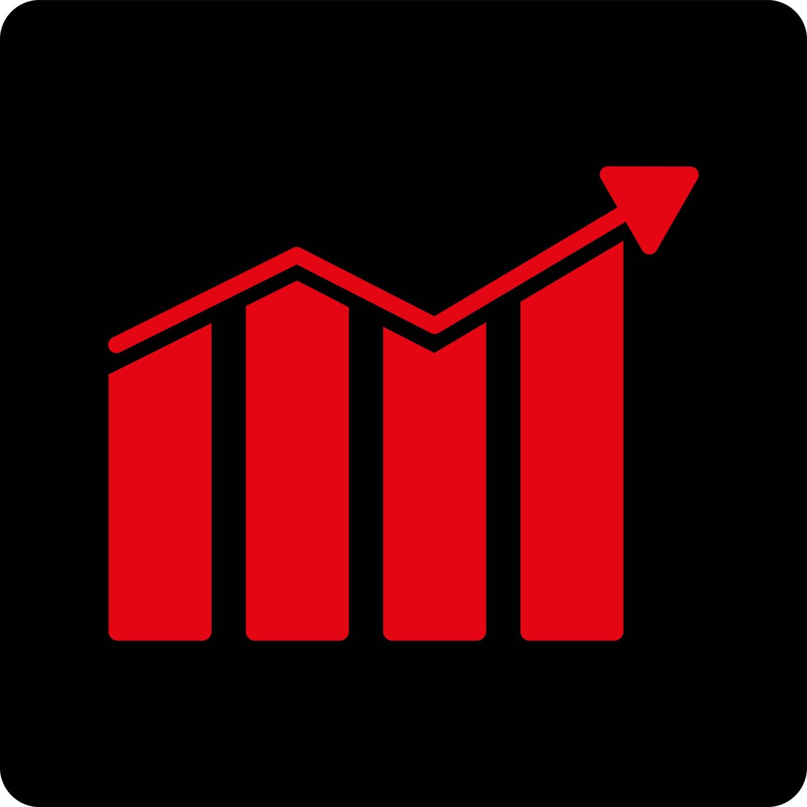 Trend vector icon. This flat rounded square button uses intensive red and black colors and isolated on a white background.