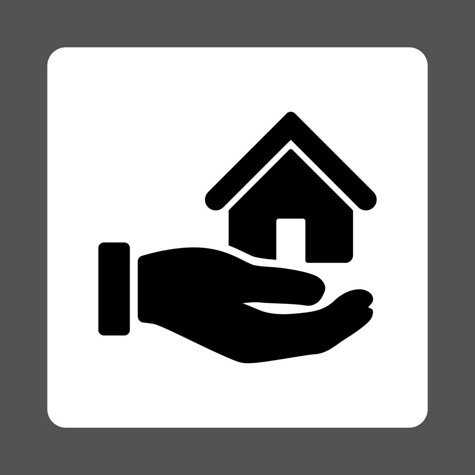 Real Estate vector icon. This flat rounded square button uses black and white colors and isolated on a gray background.