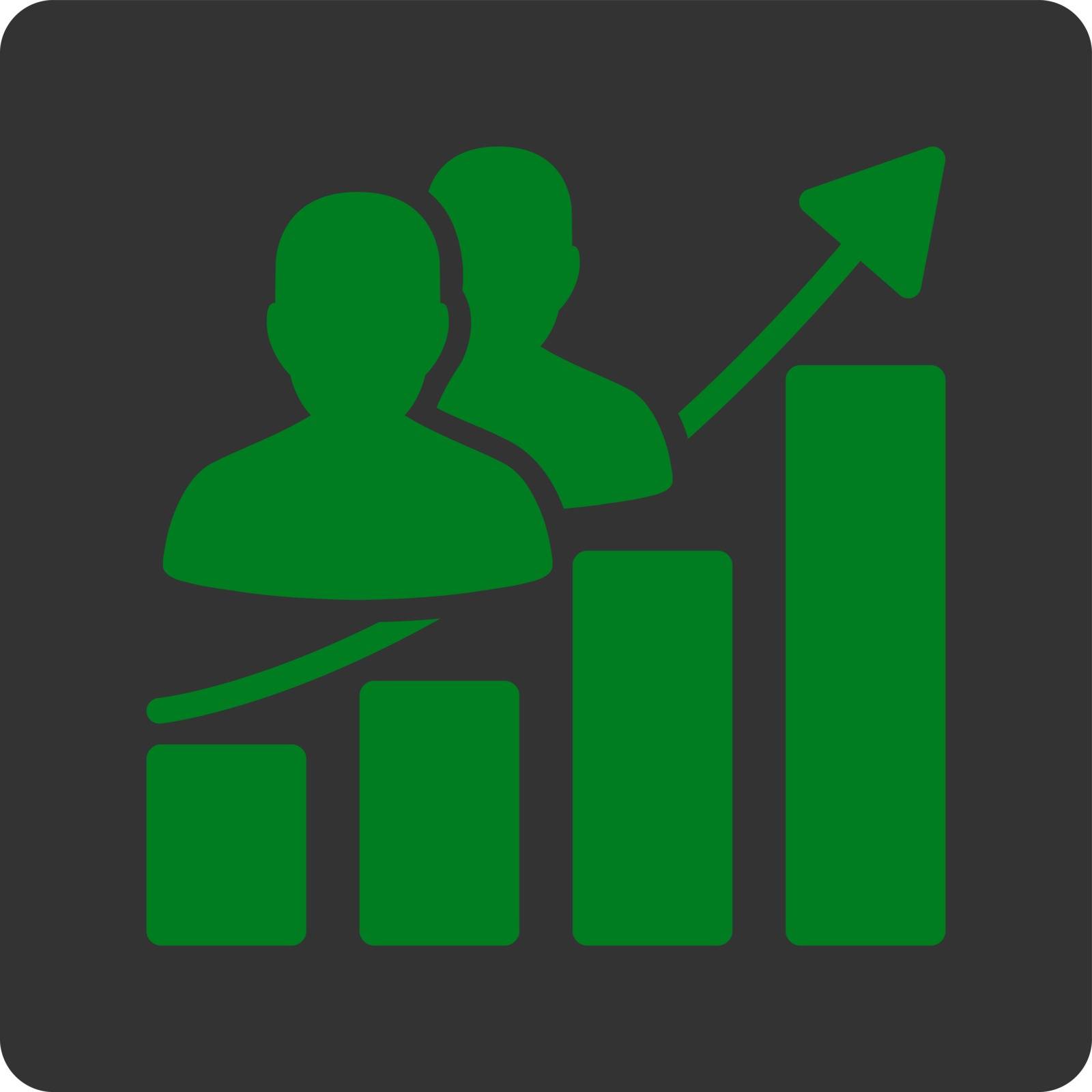Audience Growth vector icon. This flat rounded square button uses green and gray colors and isolated on a white background.
