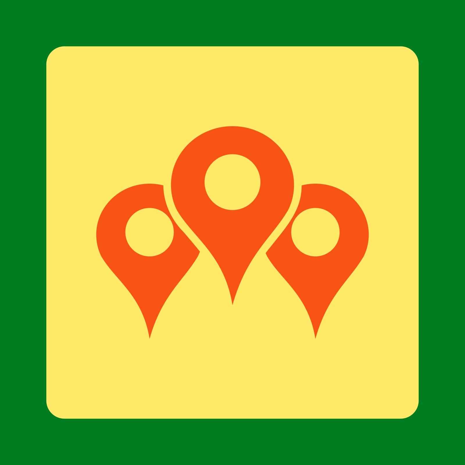 Locations vector icon. This flat rounded square button uses orange and yellow colors and isolated on a green background.