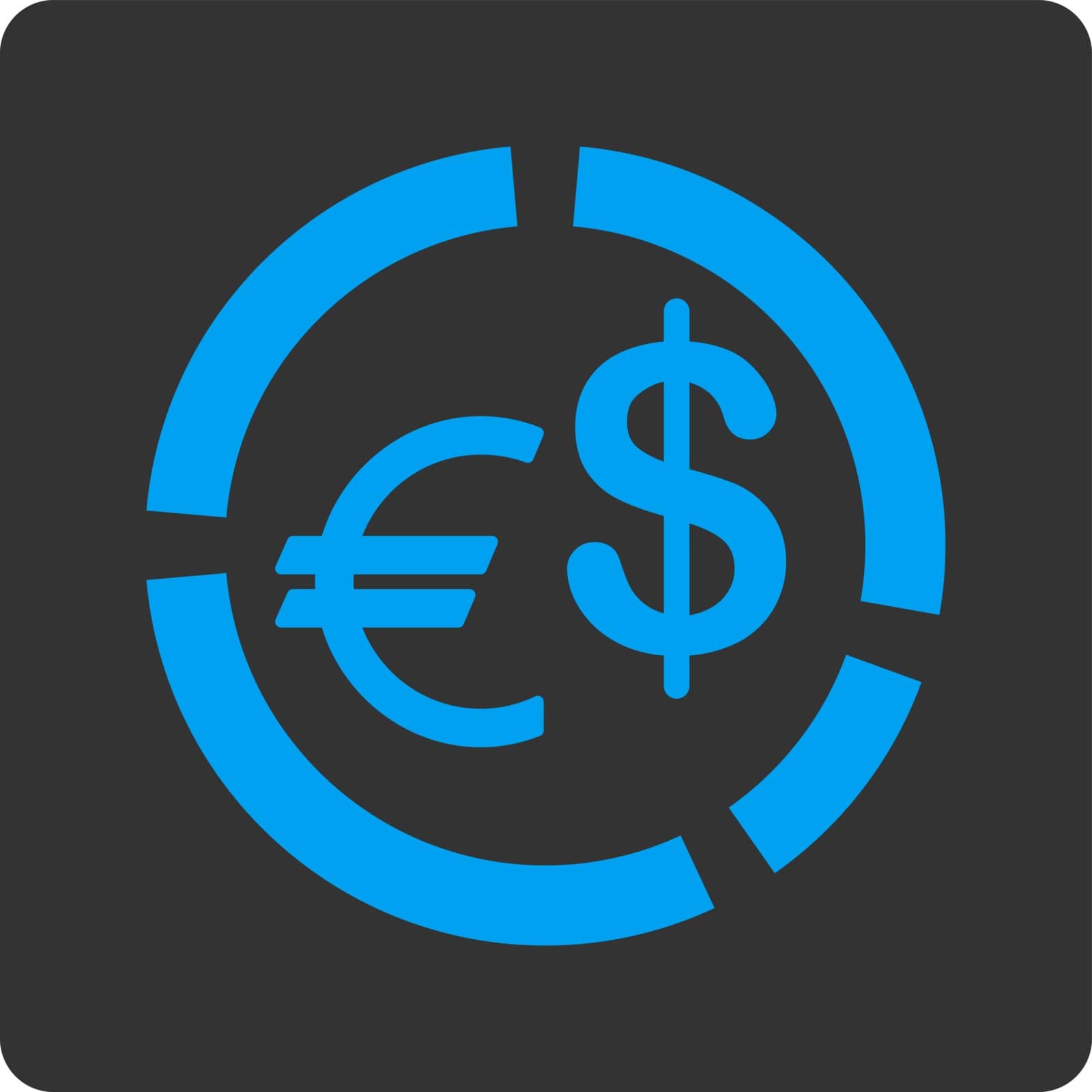 Currency Diagram vector icon. This flat rounded square button uses blue and gray colors and isolated on a white background.