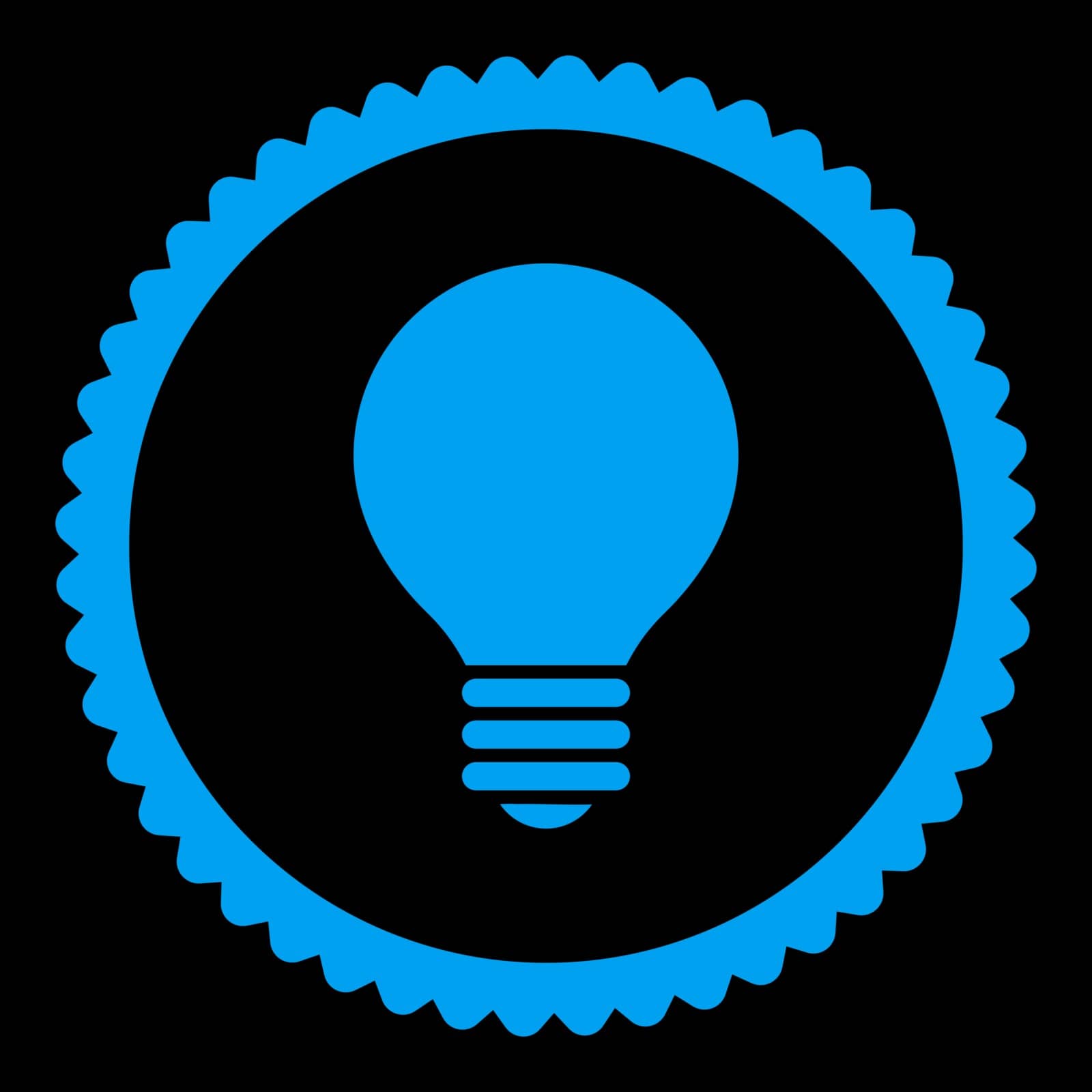 Electric Bulb round stamp icon. This flat vector symbol is drawn with blue color on a black background.