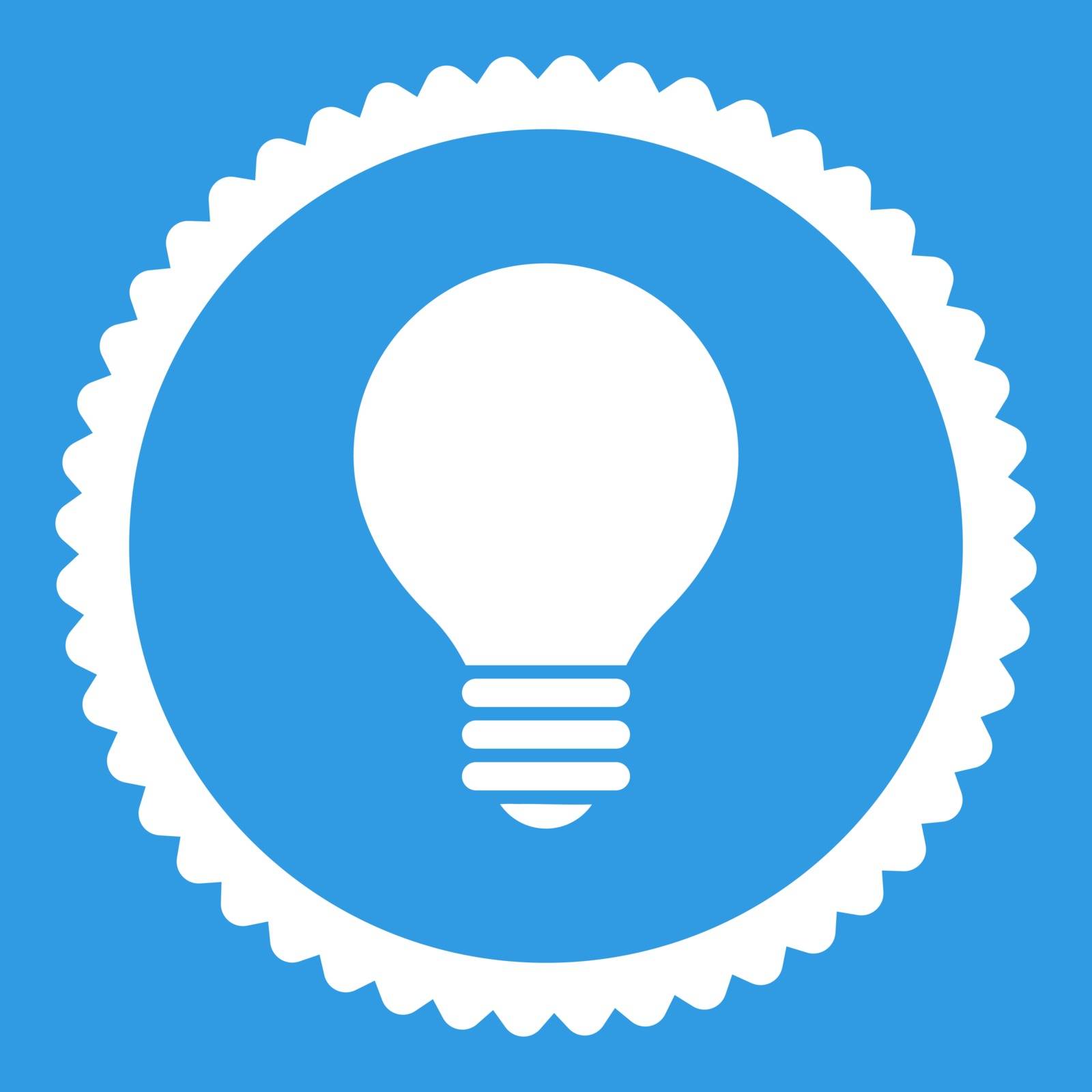 Electric Bulb round stamp icon. This flat vector symbol is drawn with white color on a blue background.