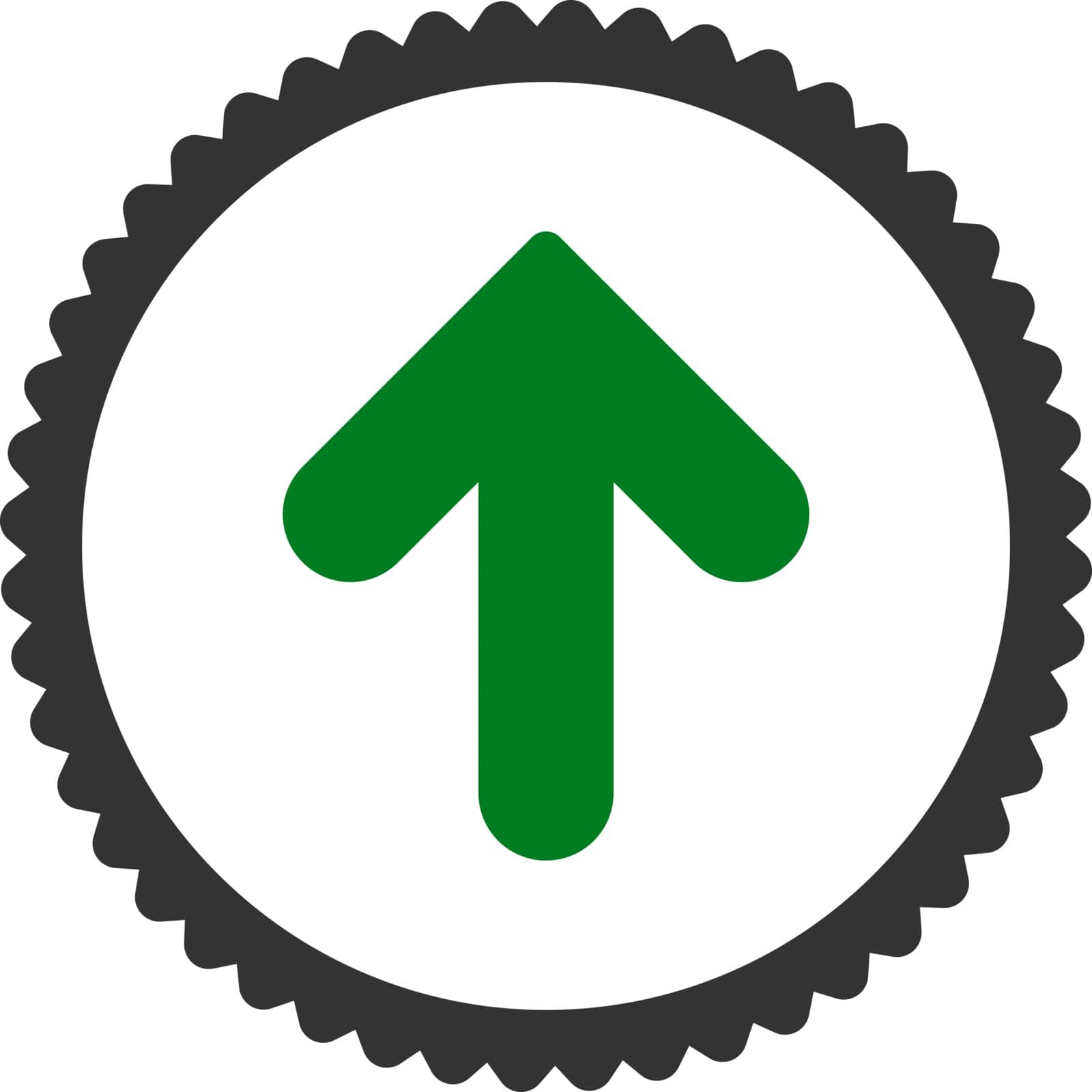 Arrow Up round stamp icon. This flat vector symbol is drawn with green and gray colors on a white background.