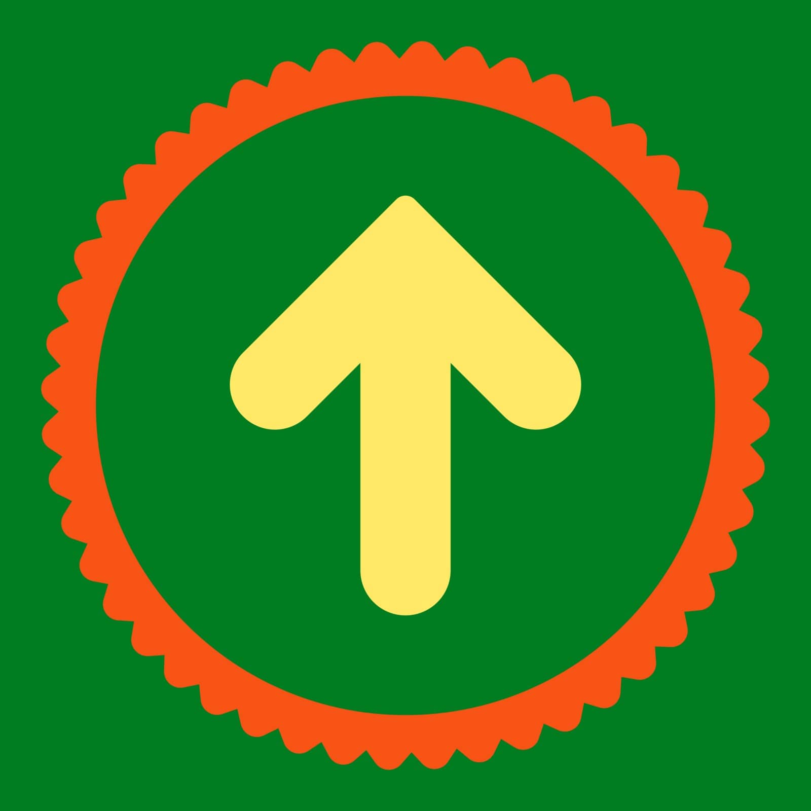 Arrow Up round stamp icon. This flat vector symbol is drawn with orange and yellow colors on a green background.