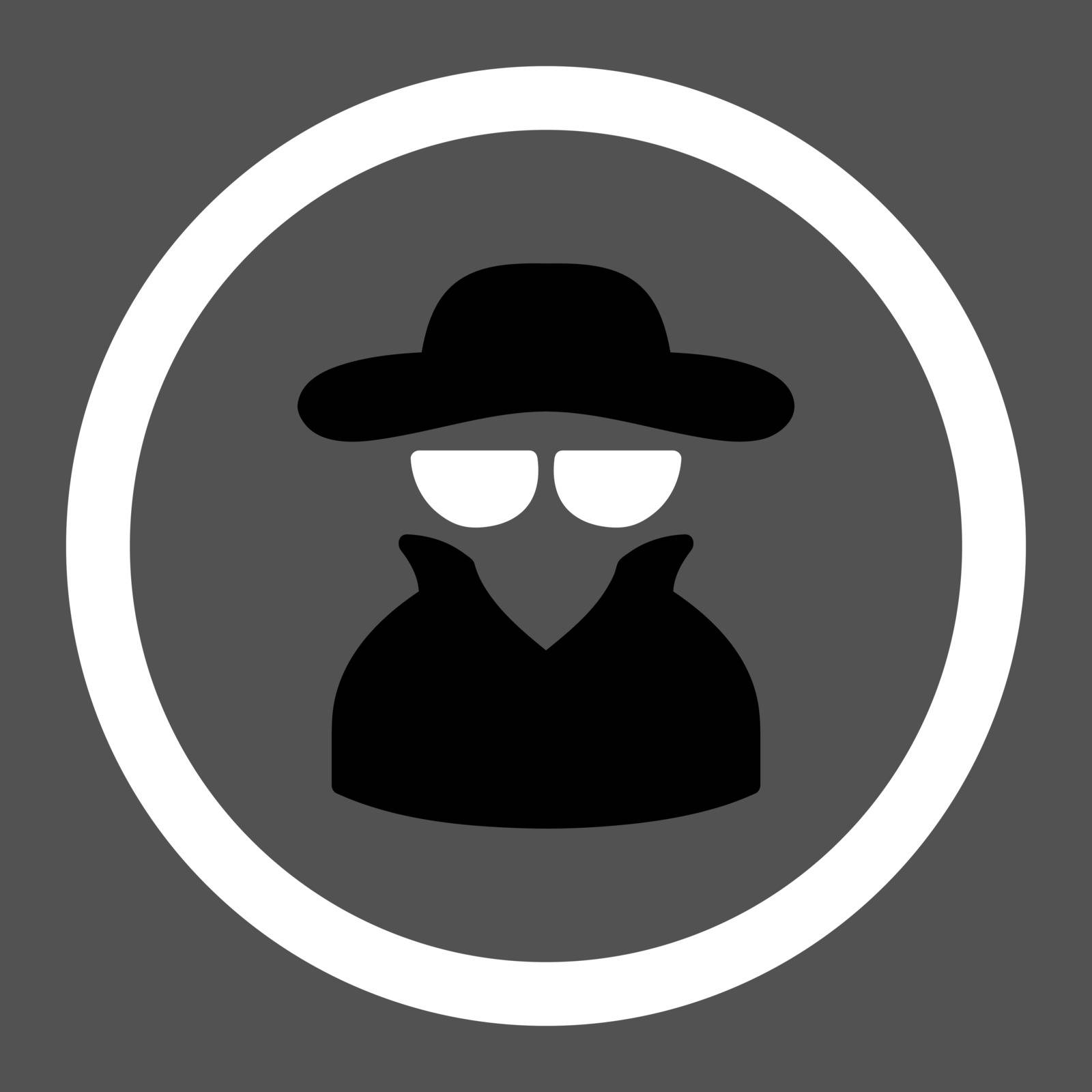 Spy vector icon. This rounded flat symbol is drawn with black and white colors on a gray background.