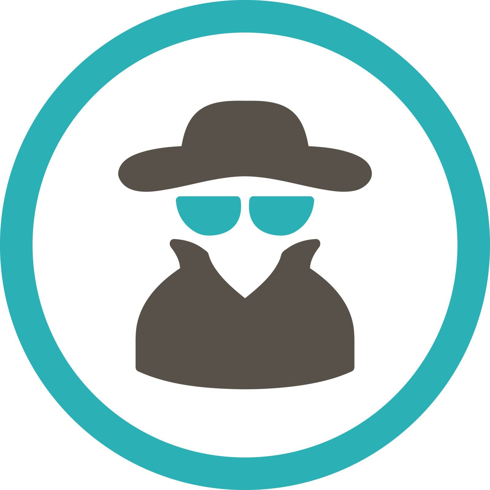 Spy vector icon. This rounded flat symbol is drawn with grey and cyan colors on a white background.