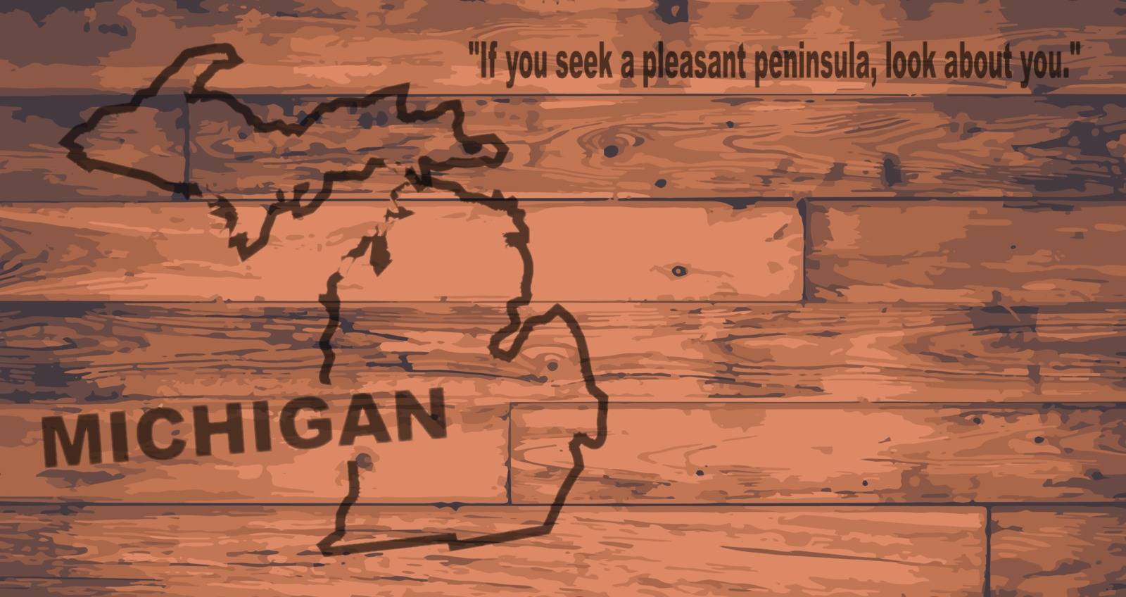 Michigan state map brand on wooden boards with map outline and state motto