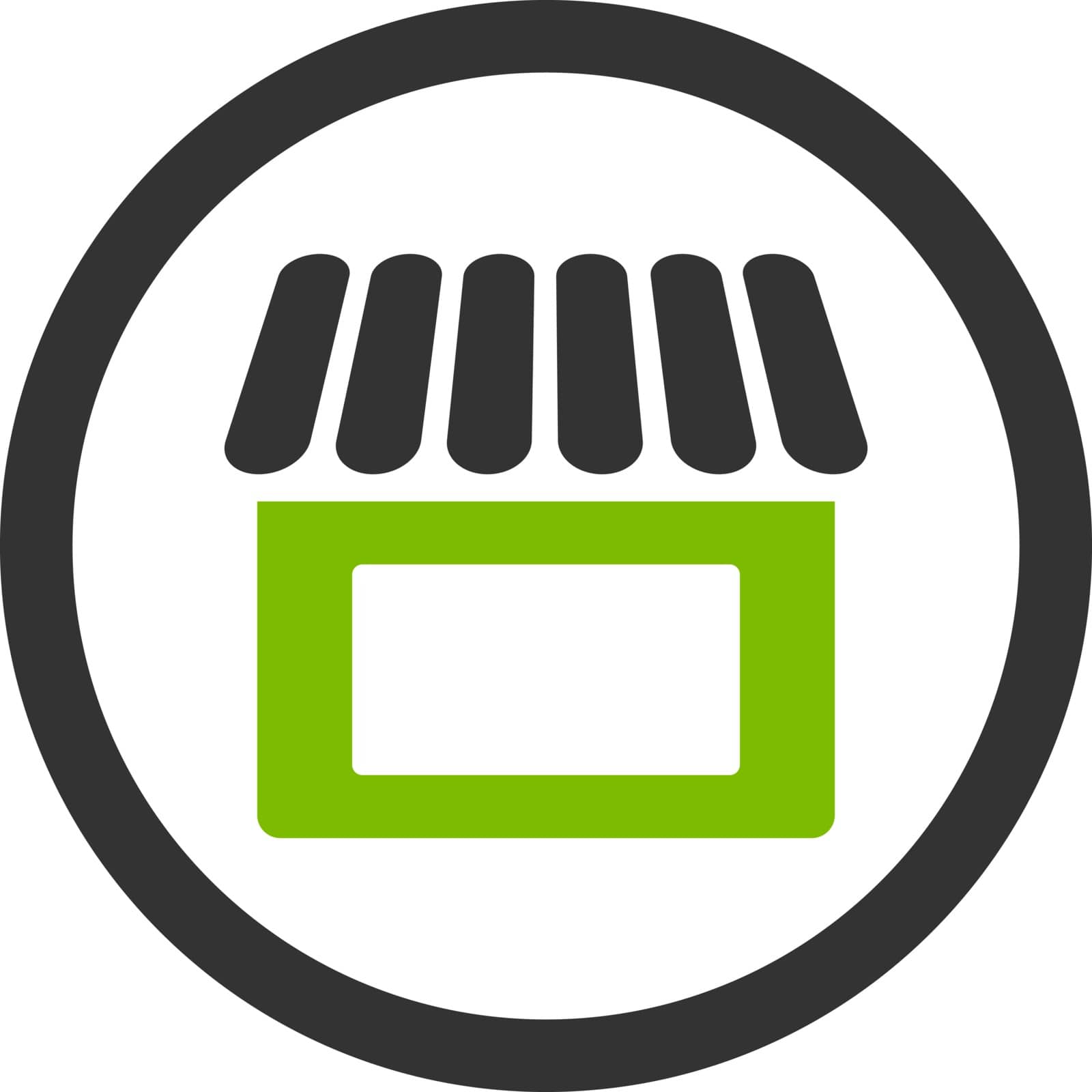 Shop vector icon. This flat rounded symbol uses eco green and gray colors and isolated on a white background.