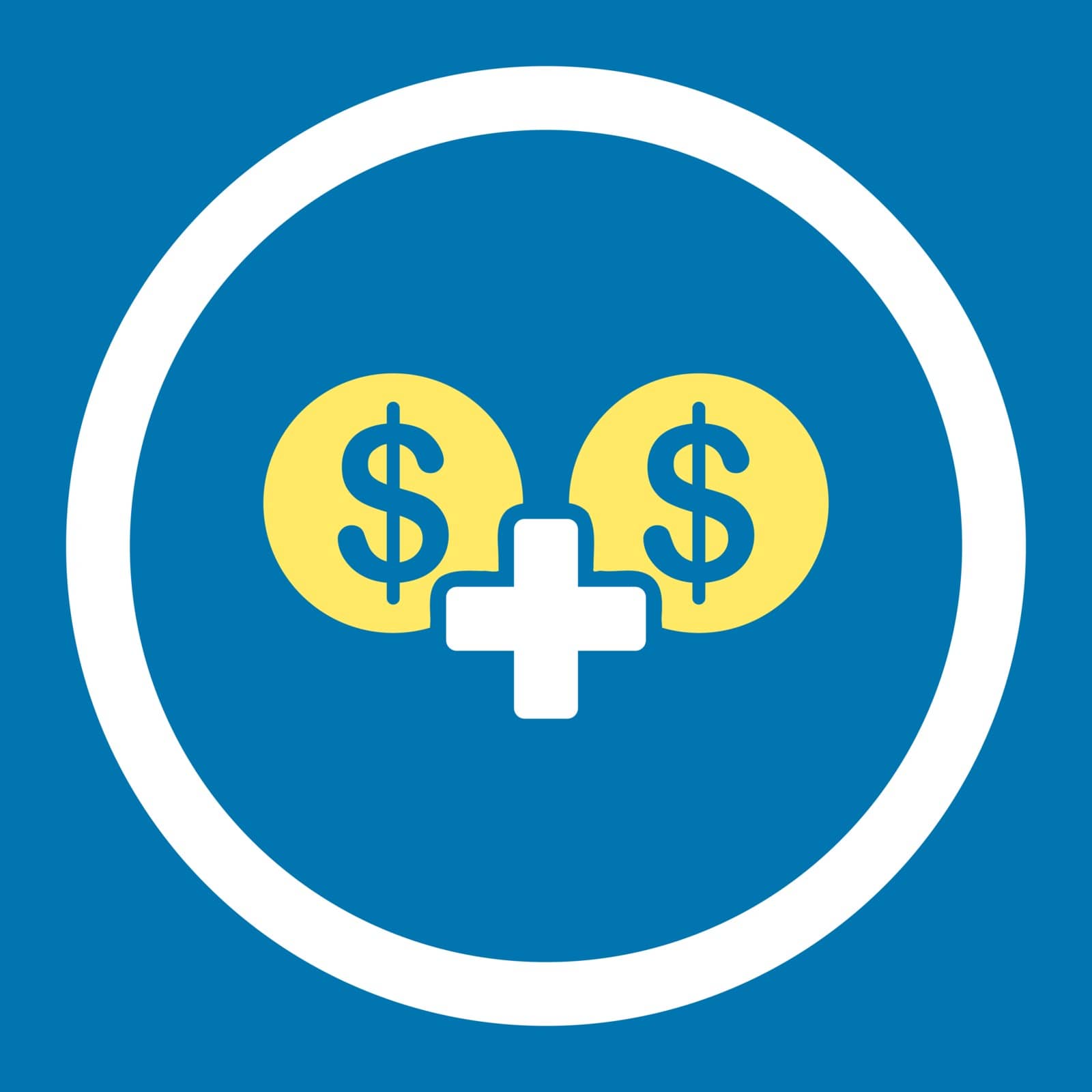 Sum vector icon. This flat rounded symbol uses yellow and white colors and isolated on a blue background.