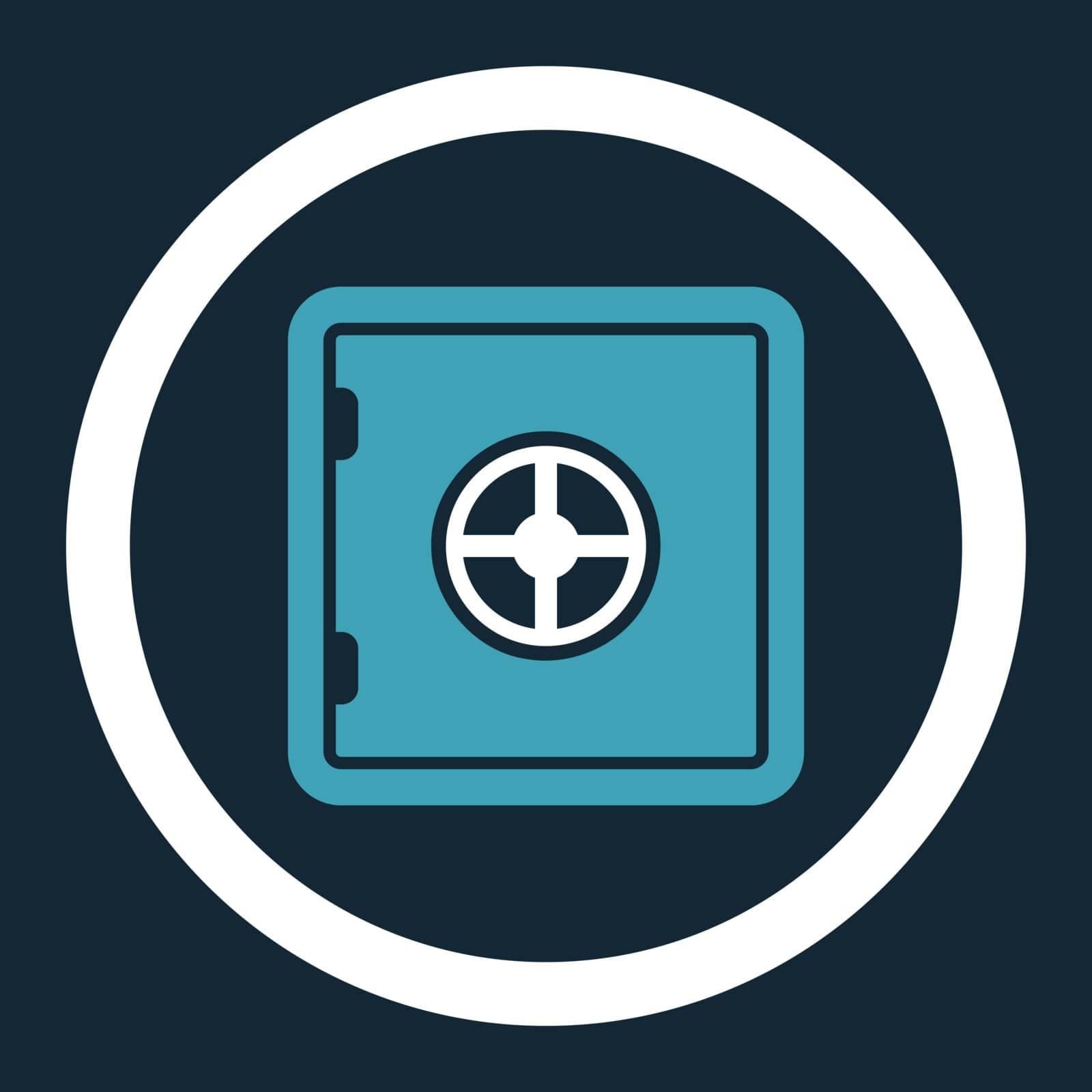Safe vector icon. This flat rounded symbol uses blue and white colors and isolated on a dark blue background.