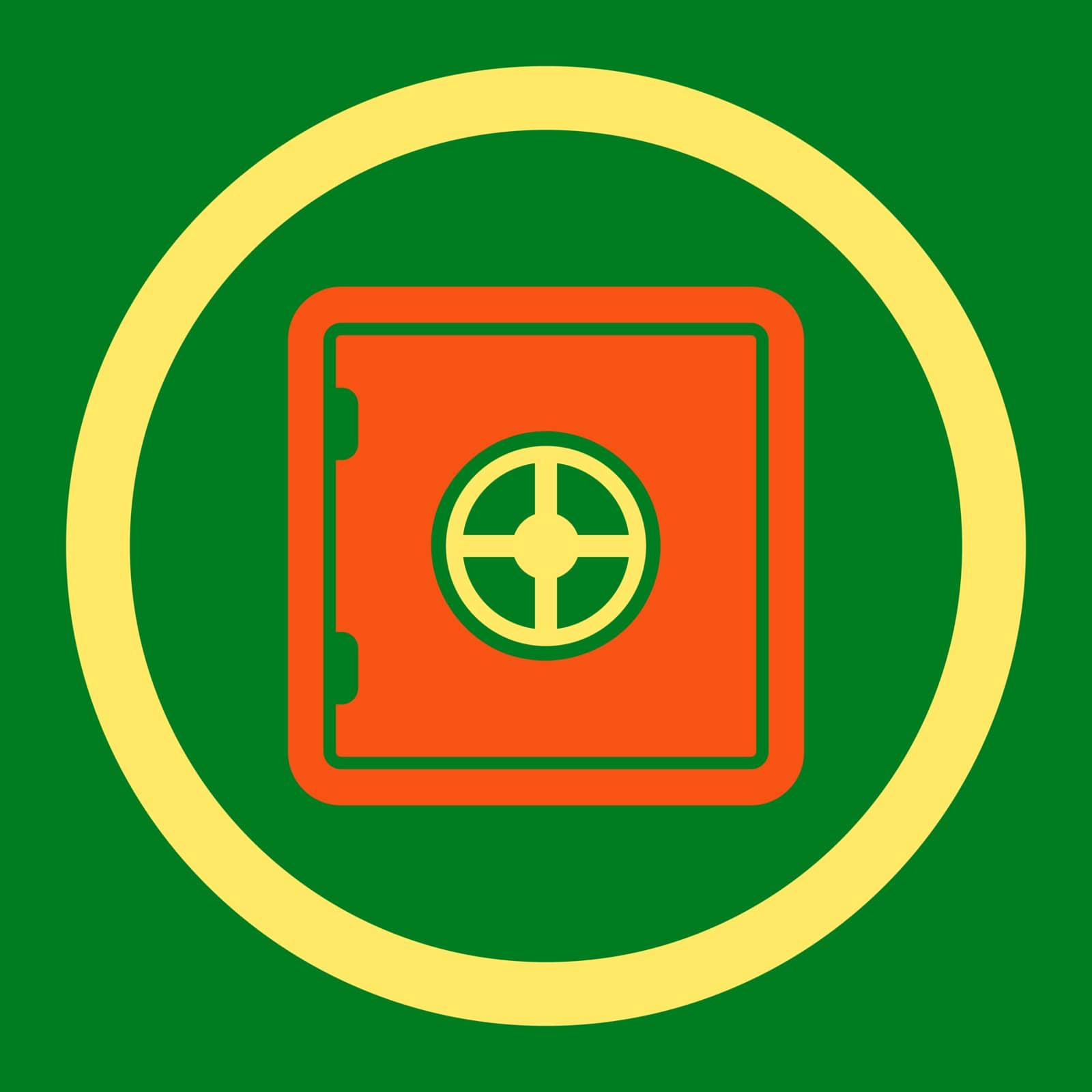 Safe vector icon. This flat rounded symbol uses orange and yellow colors and isolated on a green background.
