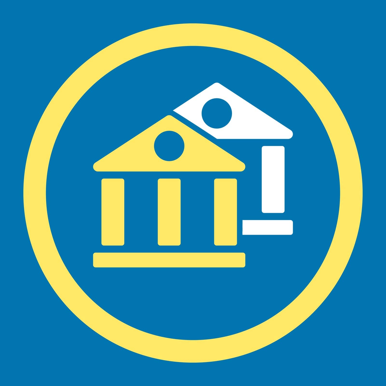 Banks vector icon. This flat rounded symbol uses yellow and white colors and isolated on a blue background.