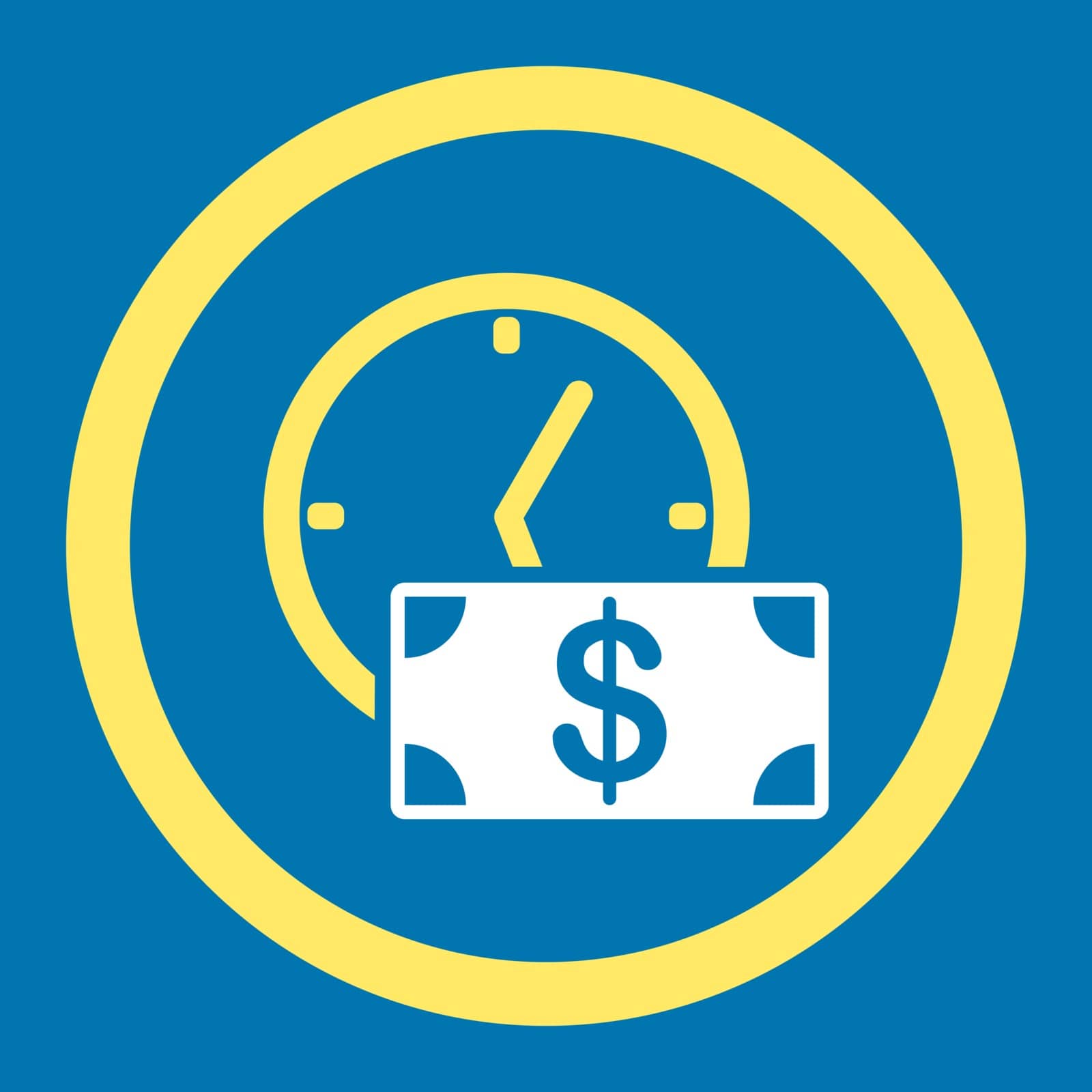Credit vector icon. This flat rounded symbol uses yellow and white colors and isolated on a blue background.